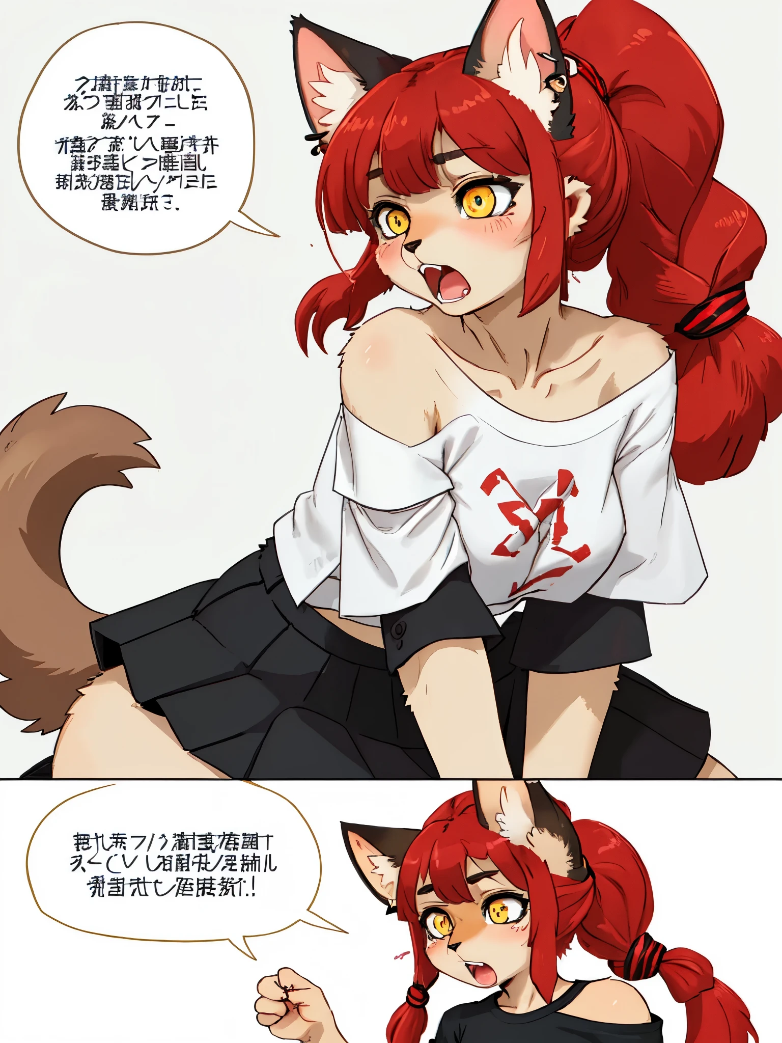 (A adult female siamese cat furry with scarled hair), kemono, black fur, black fur on ear's edge, ivory fur, yellow eyes, (scarlet curly ponytail hair with parting bangs), white cropped t-shirts, off-shoulders, black skirts, a huge "blyat" letters in shouting speech bubble, yelling, flushing