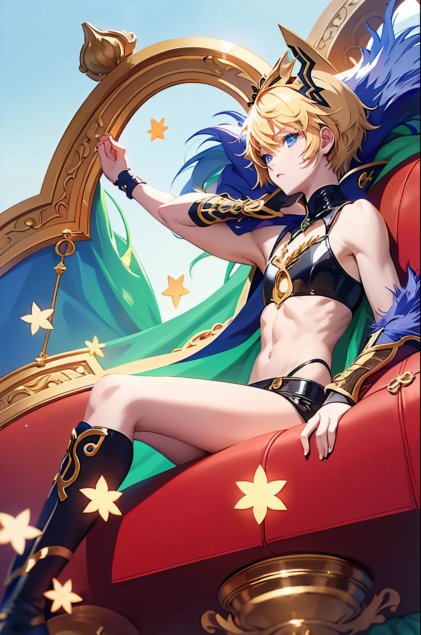 ,coiffed blonde hair,Gorgeous emperor blouse,Gorgeous palace background,kneel,There were many servants around,Being helped put on socks,Puppet emperor,a throne,gold shawl,Crop topping,sceptre,Shota,Crimson pupils,the emperor,Delicate faces,White silk tights,Gold checkered pattern on white silk tights,Purple royal robe,younge boy,,Small short legs,,Blue turtleneck cape,Expose knees with messy hair,Delicate messy hairstyle,elaborate faces,Gorgeous crown,Delicate color portrayal,solo person,Perfect Shota,The body is soaked with water ,--niji 5