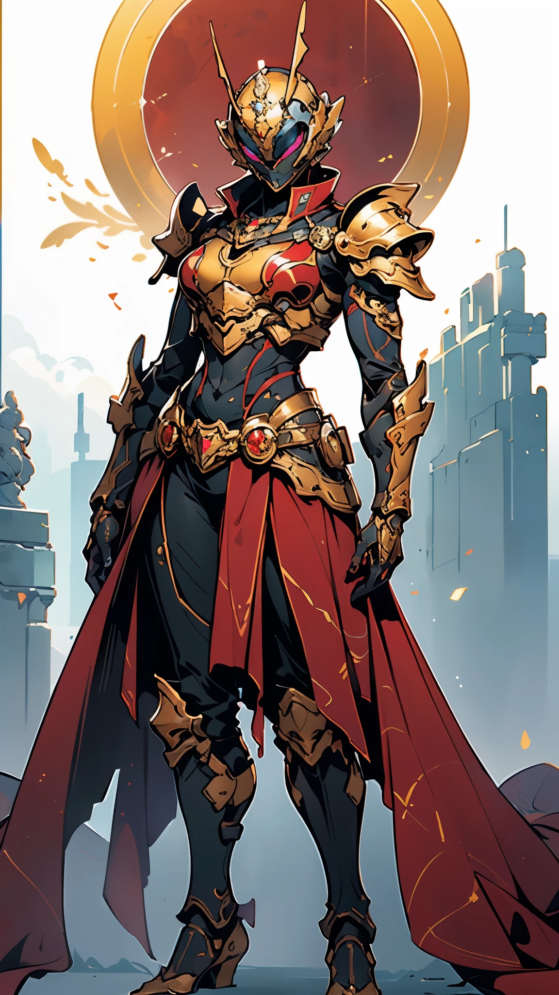 A woman adorned in fantasy-style full-body armor, a crown-concept fully enclosed helmet that unveils only her eyes, a composite layered chest plate, fully encompassing shoulder and hand guards, a lightweight waist armor, form-fitting shin guards, the overall design is heavy-duty yet flexible, (the armor gleams with a golden glow, complemented by red and blue accents), exhibiting a noble aura, she floats above a fantasy-surreal high-tech city, this character embodies a finely crafted fantasy-surreal style armored hero in anime style, exquisite and mature manga art style, (mixture of Queen bee and Spider concept Armor, plasma), ((Element, elegant, goddess, femminine:1.5)), metallic, high definition, best quality, highres, ultra-detailed, ultra-fine painting, extremely delicate, professional, anatomically correct, symmetrical face, extremely detailed eyes and face, high quality eyes, creativity, RAW photo, UHD, 32k, Natural light, cinematic lighting, masterpiece-anatomy-perfect, masterpiece:1.5