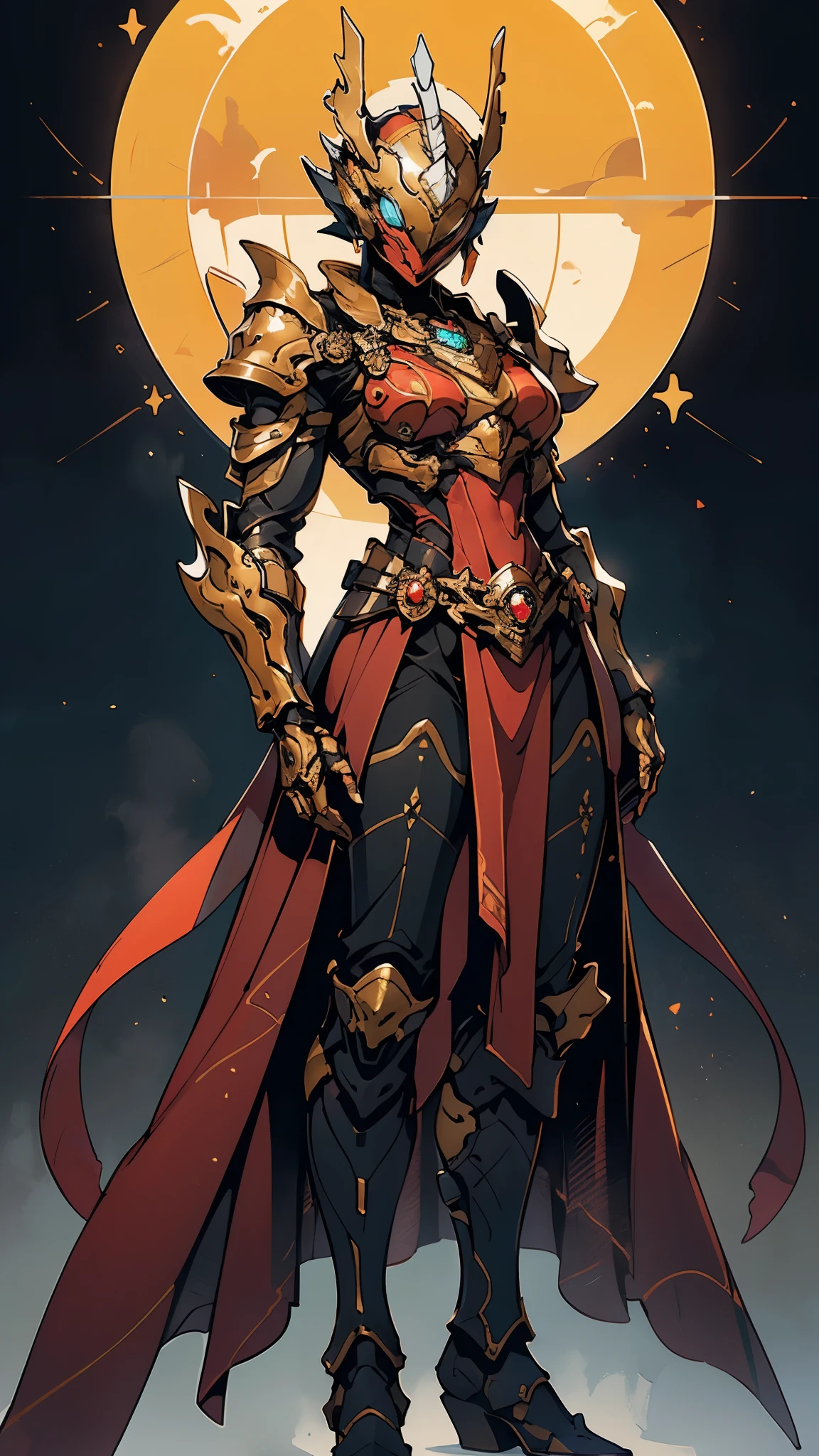 A woman adorned in fantasy-style full-body armor, a crown-concept fully enclosed helmet that unveils only her eyes, a composite layered chest plate, fully encompassing shoulder and hand guards, a lightweight waist armor, form-fitting shin guards, the overall design is heavy-duty yet flexible, (the armor gleams with a golden glow, complemented by red and blue accents), exhibiting a noble aura, she floats above a fantasy-surreal high-tech city, this character embodies a finely crafted fantasy-surreal style armored hero in anime style, exquisite and mature manga art style, (mixture of Queen bee and Spider concept Armor, plasma), ((Element, elegant, goddess, femminine:1.5)), metallic, high definition, best quality, highres, ultra-detailed, ultra-fine painting, extremely delicate, professional, anatomically correct, symmetrical face, extremely detailed eyes and face, high quality eyes, creativity, RAW photo, UHD, 32k, Natural light, cinematic lighting, masterpiece-anatomy-perfect, masterpiece:1.5