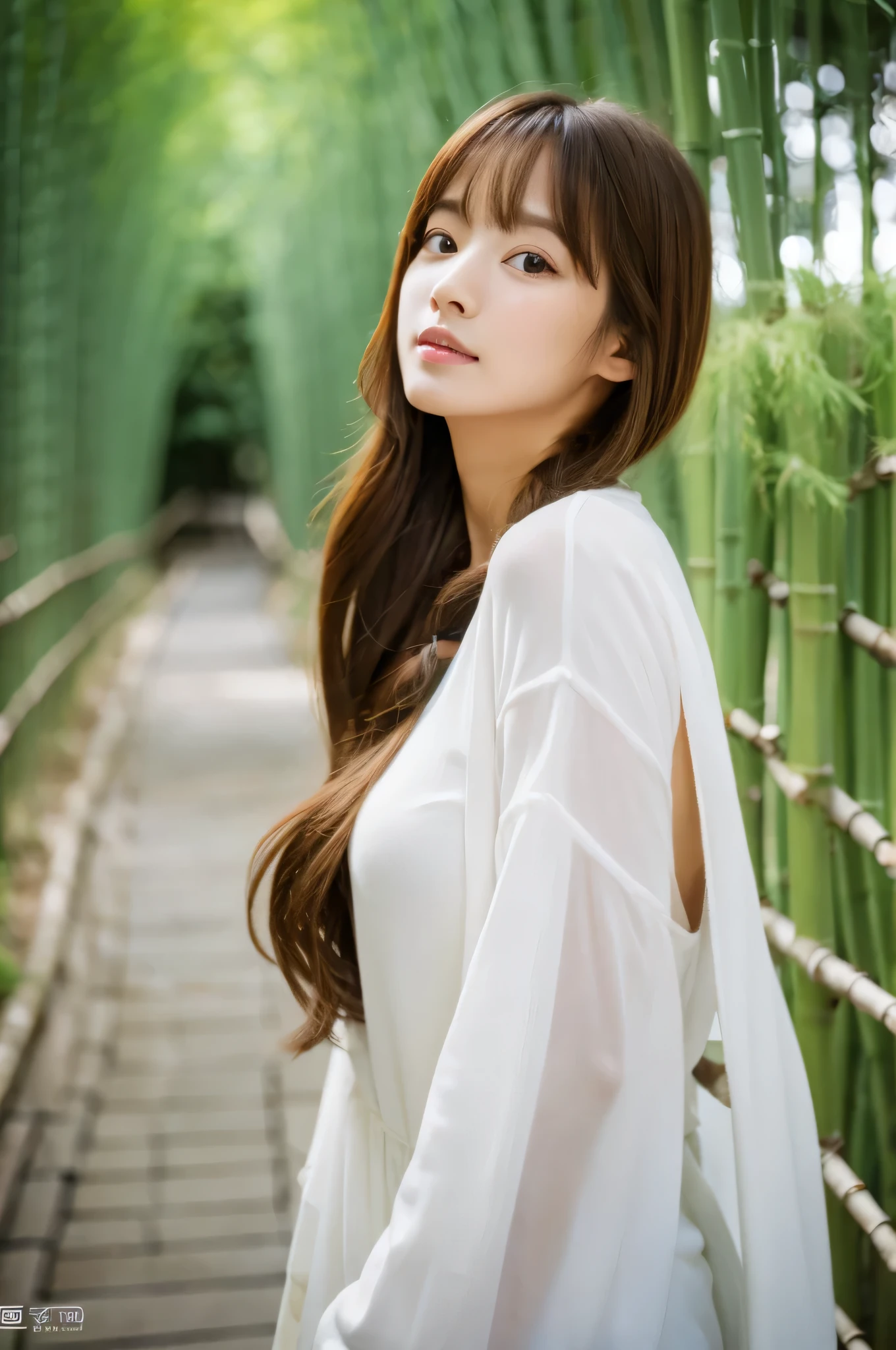 (masterpiece:1.3), (8k, realistic, RAW photo, highest quality: 1.4), Gravure photography, ((wide angle shot)), ((upper body shot)), think back, take a pose, (1 girl), beautiful face, (long brown ponytail hair), realistic eyes, detailed and beautiful eyes, long eyelashes, (realistic skin), beautiful skin, medium breasts, (wearing white_shirt, white_mini skirt), ultra high resolution, surreal, very detailed, soft lighting, Kyoto, Bamboo forest path, Bokeh,