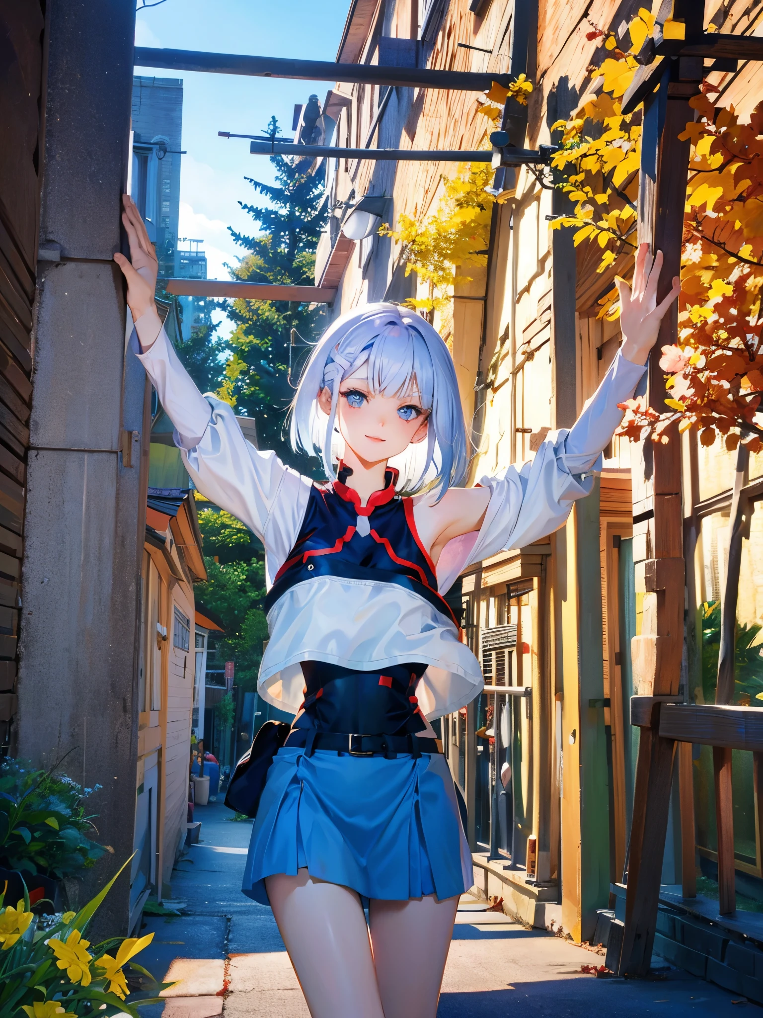 anime girl, white short hair, blue mini skirt, red top with no sleeves, cleavage, in forest