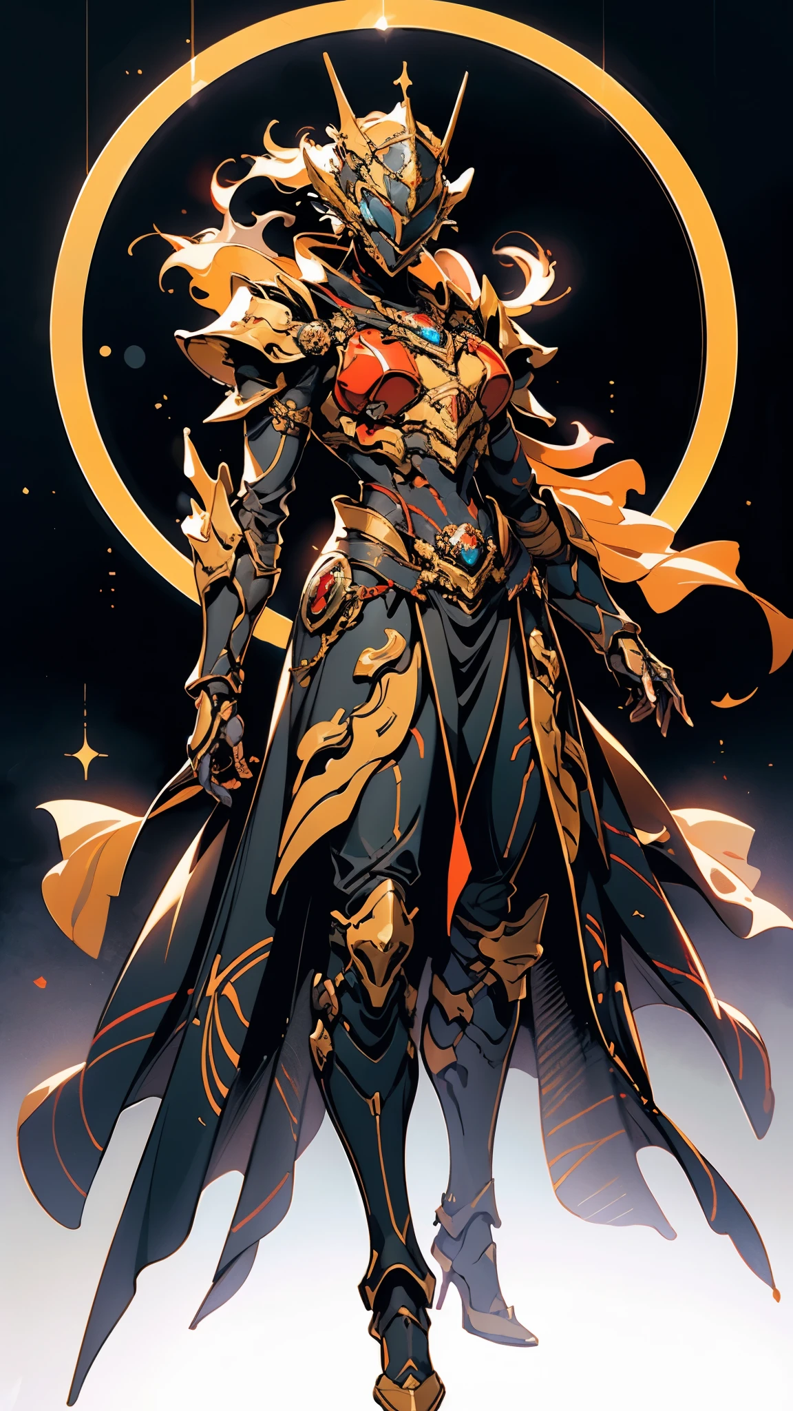 A woman adorned in fantasy-style full-body armor, a crown-concept fully enclosed helmet that unveils only her eyes, a composite layered chest plate, fully encompassing shoulder and hand guards, a lightweight waist armor, form-fitting shin guards, the overall design is heavy-duty yet flexible, (the armor gleams with a golden glow, complemented by red and blue accents), exhibiting a noble aura, she floats above a fantasy-surreal high-tech city, this character embodies a finely crafted fantasy-surreal style armored hero in anime style, exquisite and mature manga art style, (mixture of Queen bee and Spider concept Armor, plasma), ((Element, elegant, goddess, femminine:1.5)), metallic, high definition, best quality, highres, ultra-detailed, ultra-fine painting, extremely delicate, professional, anatomically correct, symmetrical face, extremely detailed eyes and face, high quality eyes, creativity, RAW photo, UHD, 32k, Natural light, cinematic lighting, masterpiece-anatomy-perfect, masterpiece:1.5