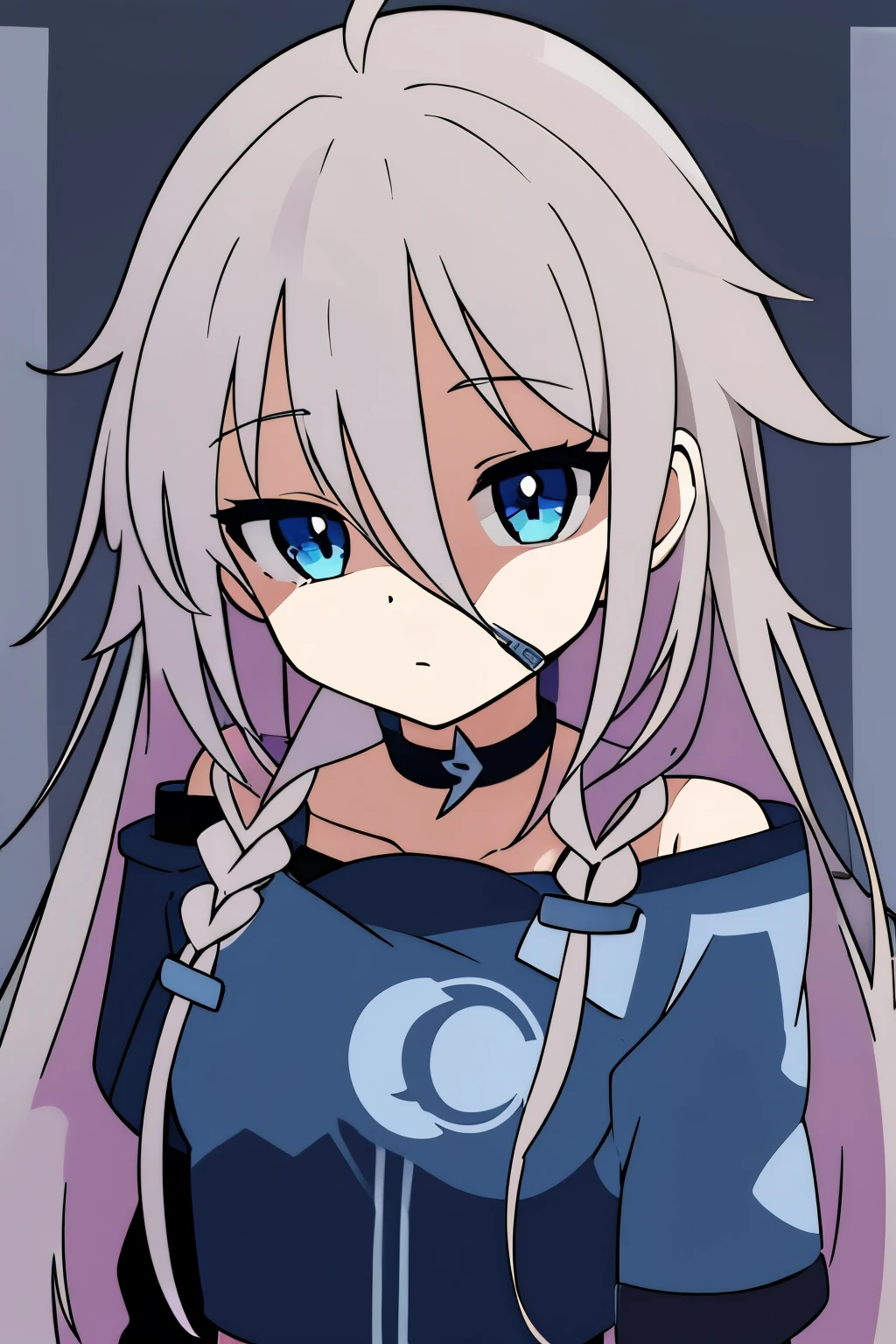 anime style、one girl、solo、masterpiece、highest quality、Vocaloid、IA、gray hair、blue eyes、No expression、(Facial shading)、off shoulder shirt、from the chest up
