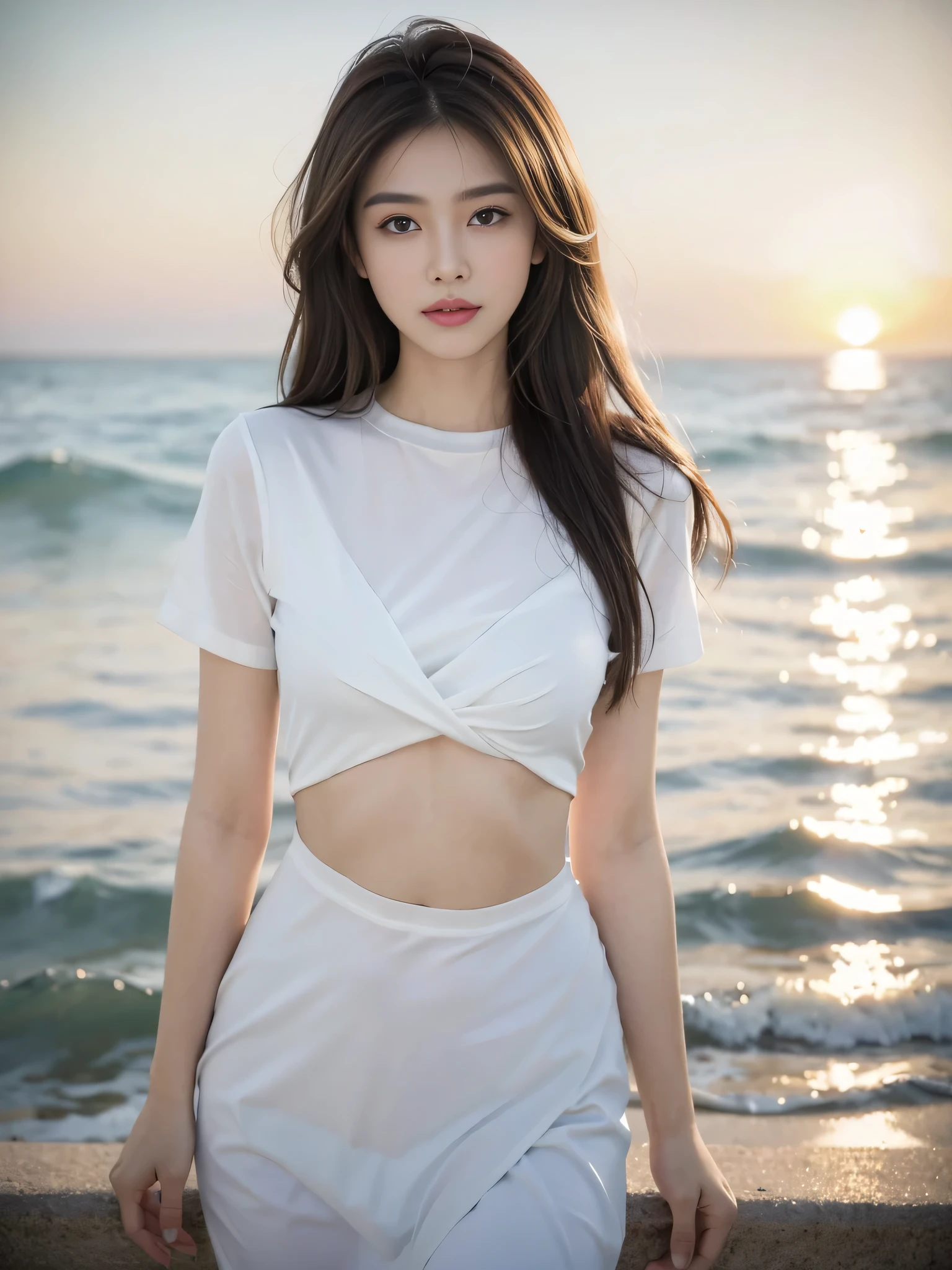 (logo、masterpiece、8k、Tabletop、RAW Photos、wonderful、最high quality、Photorealistic and Very detailed CG integrated 8k wallpaper、high quality、Very detailed、Narrative poem、Particle Effects、Dynamic Effects、Written boundary depth、Cinematic Light、Lens flare、Ray Tracing)、Fantasy、 (One beautiful woman、White pants、White T-shirt、White tube top、White crop top、Black-haired、Beautiful Face、True Face、Beautiful details、eye、Beautiful Skin、Ultimate Body、glamorous)、私の髪はWindに舞う、Hair flutters in Wind、Hair bounces、Seaside、wonderful景色、Coastal、sunrise、Sun in the background、Wind、Beach