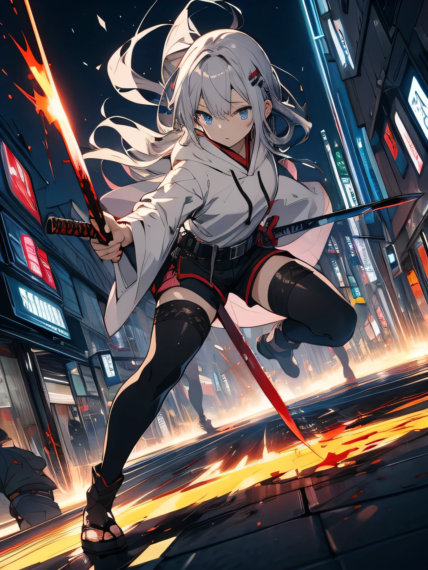 ((highest quality)), ((highest resolution)), ((masterpiece)), ((Super detailed)), 1 girl, white skin, silver hair, long hair, blue eyes, cool look, black and red (8:2) hoodie, gray roll-up shorts and belt, Black pants stockings, black short boots, low stance, Fight, Japan held up a sword, Japanese sword swinging down towards the demon, blood splatter, midnight, city, city, bevel, tense, action, full length, dynamic angle Japanese sword swinging and slashing at demon, blood splatter, midnight, city, urban, bevel, tension, action, full length, dynamic angle,anime taste
