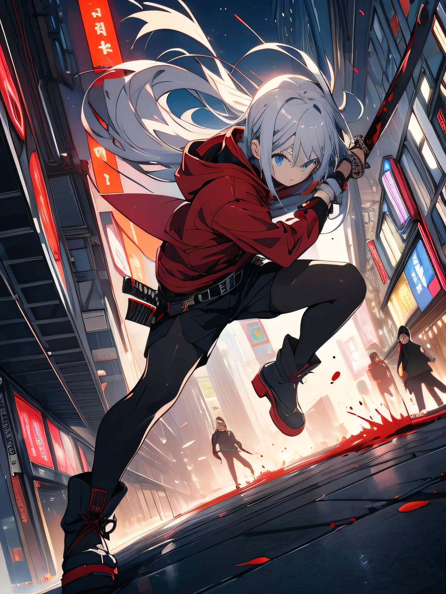 ((highest quality)), ((highest resolution)), ((masterpiece)), ((Super detailed)), 1 girl, white skin, silver hair, long hair, blue eyes, cool look, black and red (8:2) hoodie, gray roll-up shorts and belt, Black pants stockings, black short boots, low stance, Fight, Japan held up a sword, Japanese sword swinging down towards the demon, blood splatter, midnight, city, city, bevel, tense, action, full length, dynamic angle Japanese sword swinging and slashing at demon, blood splatter, midnight, city, urban, bevel, tension, action, full length, dynamic angle,anime taste