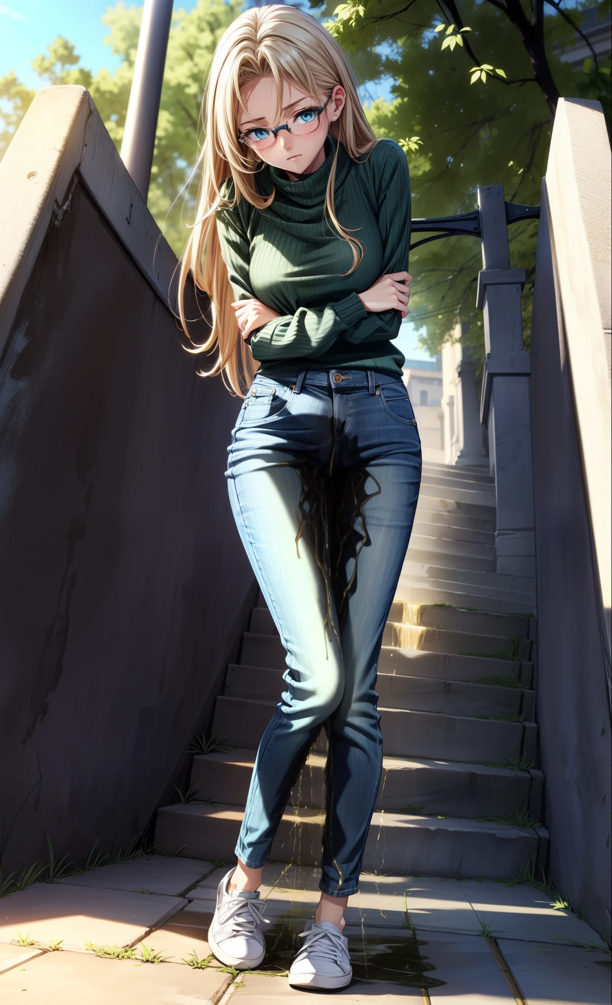 masterpiece, extremery magnificent view, perspective, extremery best quality, extremery detailed CG, 8k wallpaper, ultra high resolution, highly detailed face, highly detailed eyes, perfect anatomy, super detailed skin, not safe for work, (peeing self:1.8),
(dynamic angle, standing pose:1.2), outdoors, (have to pee), downtown, (legs focus, full body:1.3), (beautiful face, beautiful eyes, beautiful legs),
1girl, 20 year old, European woman, blonde hair, sleek hair, long blonde hair, reading glasses, forehead, blue eyes, blush, scared, panicking, crying, tears, screaming, large breast, hard nipples, (green sweater), (((hands between legs))), skinny, wide hips, thin waist, (blue skinny jeans), (((knees together feet apart))), (white sneakers)