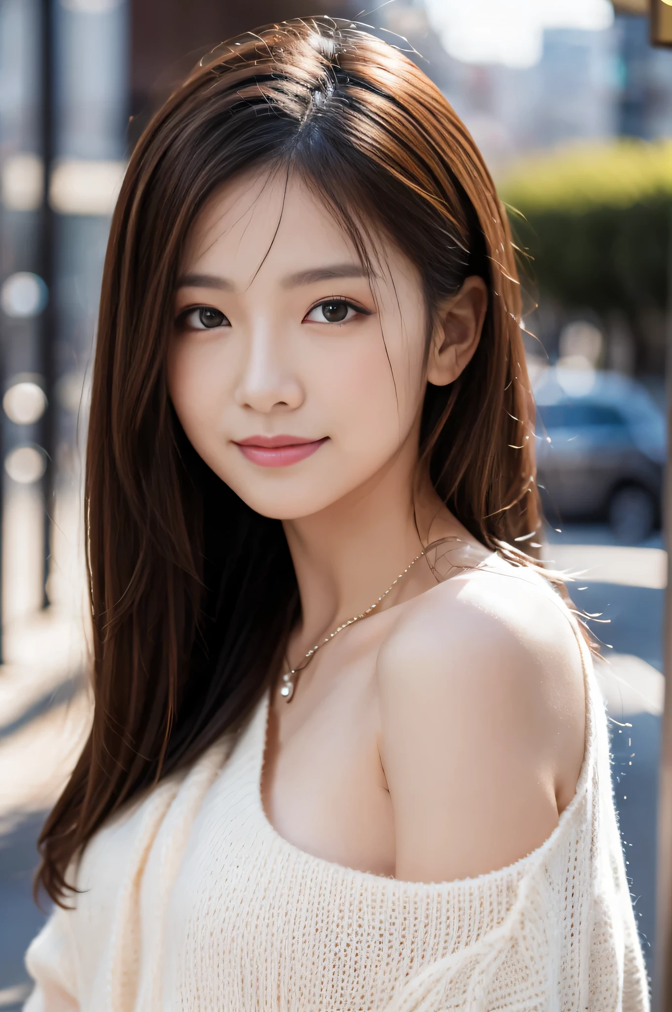 Gravure photography, asian beautiful woman, smile, masterpiece, highest quality, 8k, Flawless, detailed background, soft lighting, ((1 female, alone)), face focus, ((thin face)), big blue eyes, look away, (long brown wavy hair), (glossy lips, small breasts), alone focus, sweater, off shoulder, necklace,
