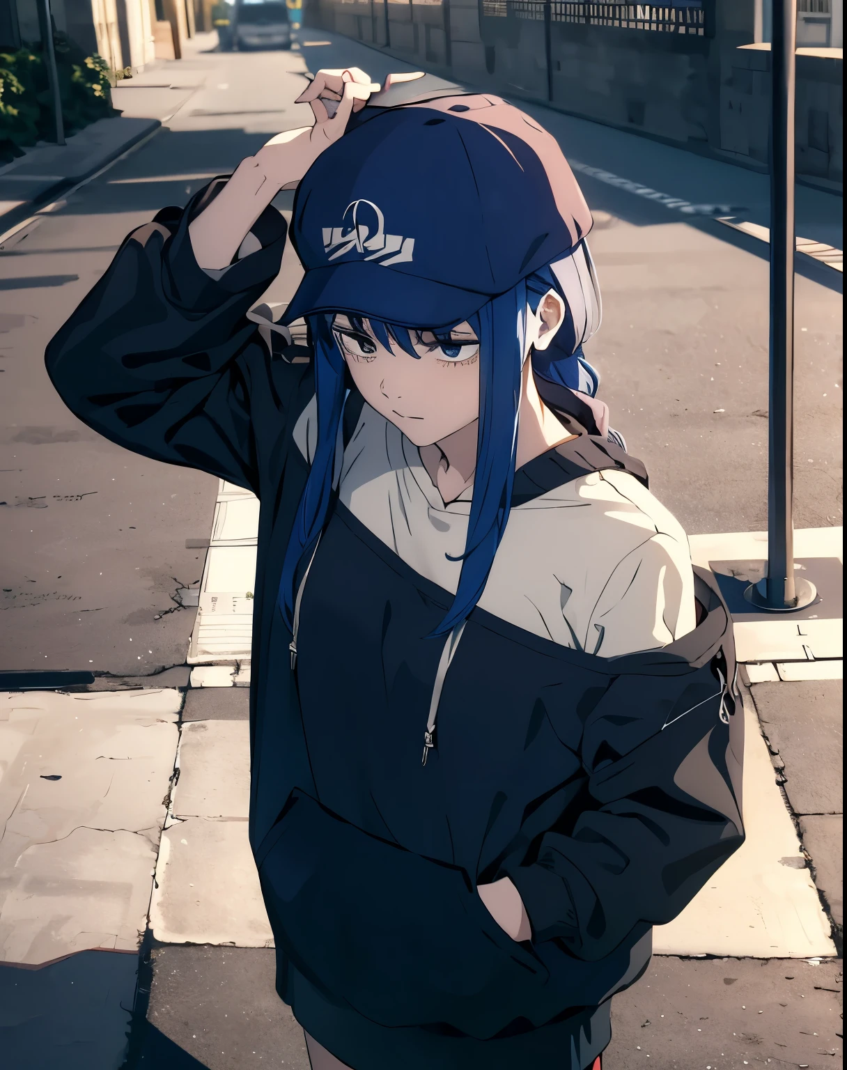 masterpiece,1 girl,alone,long hair,blue hair,hoodie,off shoulder:1.2, mob cap, street,put your hand on your waist, put one's hand in one's pocket,