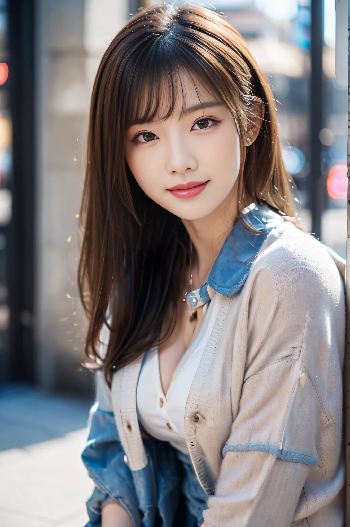 asian beautiful woman, smile, masterpiece, highest quality, 8k, Flawless, detailed background, soft lighting, ((1 female, alone)), face focus, big blue eyes, look away, (long brown wavy hair), (glossy lips, small breasts), alone focus, office suit,