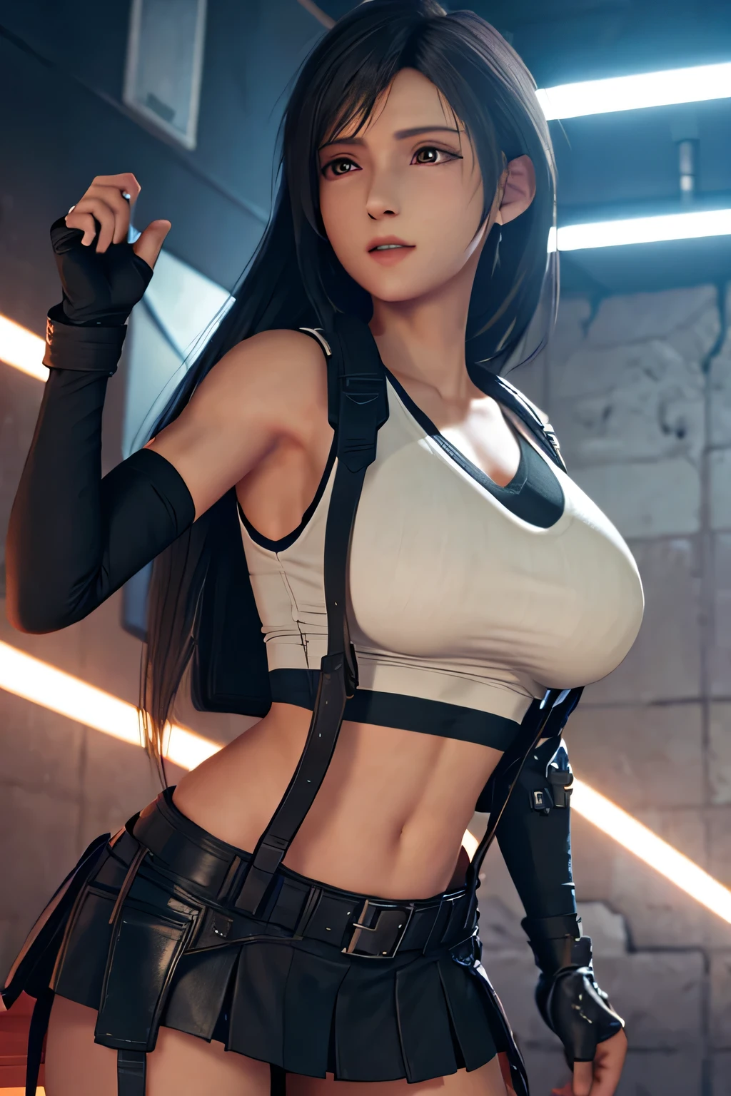 (highest quality:1.4) ,unreal engine,masterpiece, super resolution,(realistic: 1.4), highest quality, very delicate and beautiful, High resolution, 1 girl, Tifa_lock heart, smile, cowboy shot, suspenders, low rise, mini skirt, Tank top, nervous shirt, black hair, long hair, elbow bag, beautiful detailed red eyes, face light, movie lighting, belly button, High exposure, exposure of the abdomen, rib, abs, ( huge breasts: 1.2), dynamic pose, dynamic angle