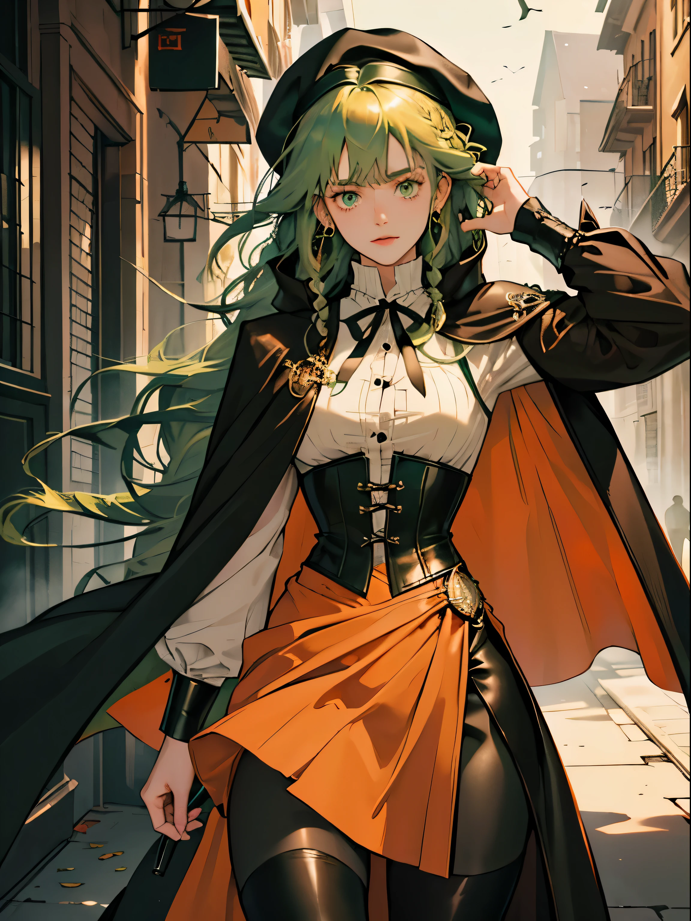 masterpiece, Super detailed, 8K portrait, RAW photo, portrait photography, highly detailed face, beautiful and detailed eyes, ((fantasy)), young and beautiful, 22 years ago, dynamic pose, (((long straight deep green hair))), ((One side is woven with orange ribbon)), dull bangs, beret, white skin color, luxury, hooded (((Dark brown))) (((Silk Long Cloak))) fluttering in the wind, (((dress shirt))), (((silk maxi skirt))), leather corset, (((dark thigh high tights))), High Cut Leather Boots, (((Lift a long magic wand))), ((wear a pocket watch)), midday sun, surreal, body model, small breasts, beautiful breasts, long legs, city, environmental lighting, shadow details , focus the camera on the face, strong wind, light fog