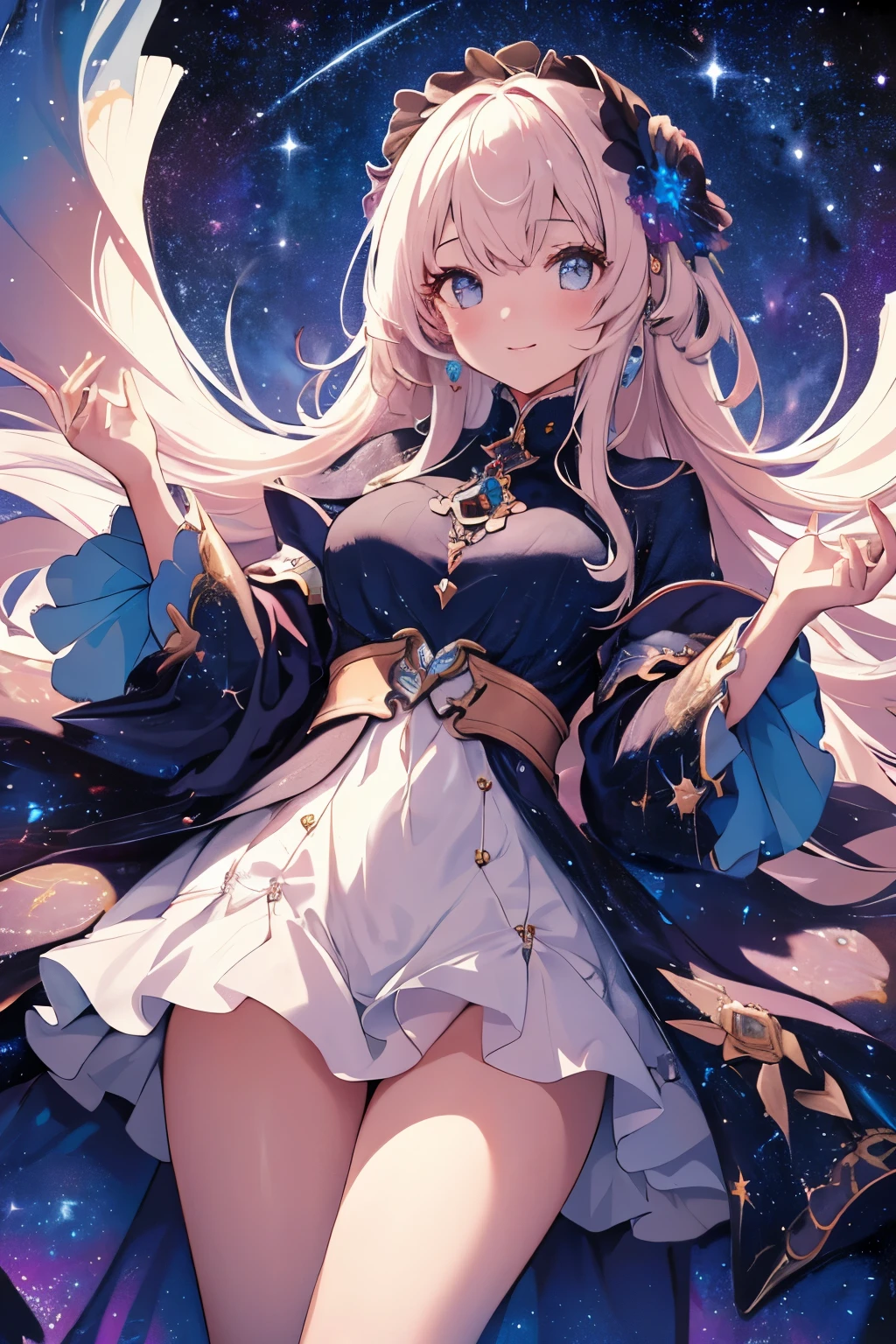 High detail, super detail, super high resolution, girl enjoying her time in the dream galaxy, surrounded by stars, warm light sprinkled on her, background is starry sky with colorful galaxies and galaxy clouds, stars flying around her, delicate face, adding playful atmosphere ,