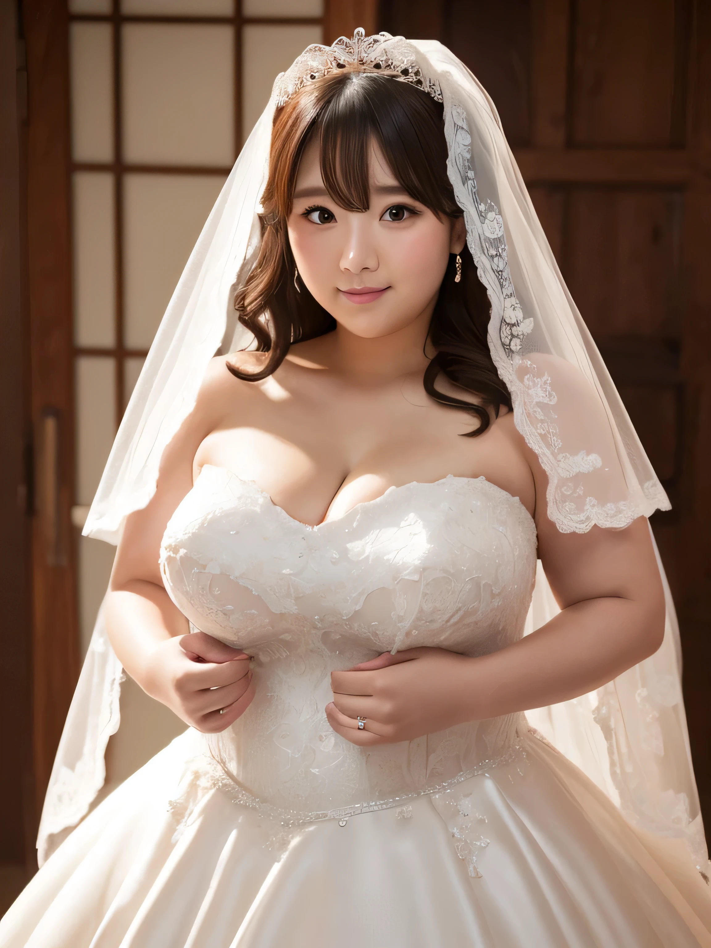 (1 female 、Overweight、Extremely fat、Chubby、Japanese、Wedding dress、4k、High resolution、masterpiece、highest quality