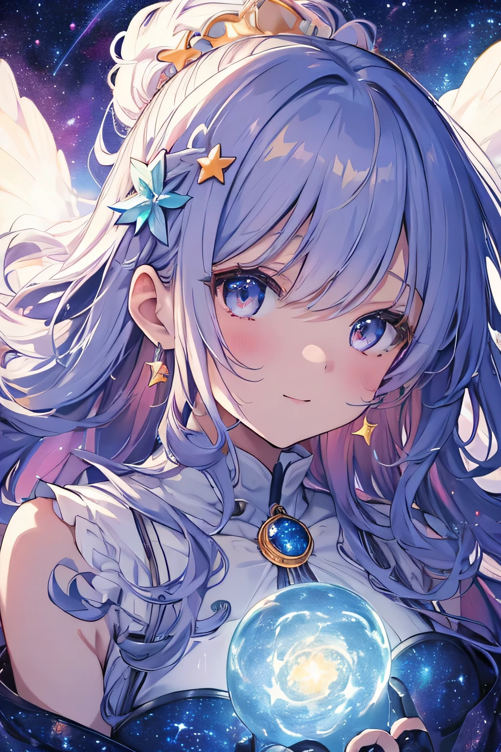 High detail, super detail, super high resolution, girl enjoying her time in the dream galaxy, surrounded by stars, warm light sprinkled on her, background is starry sky with colorful galaxies and galaxy clouds, stars flying around her, delicate face, adding playful atmosphere ,