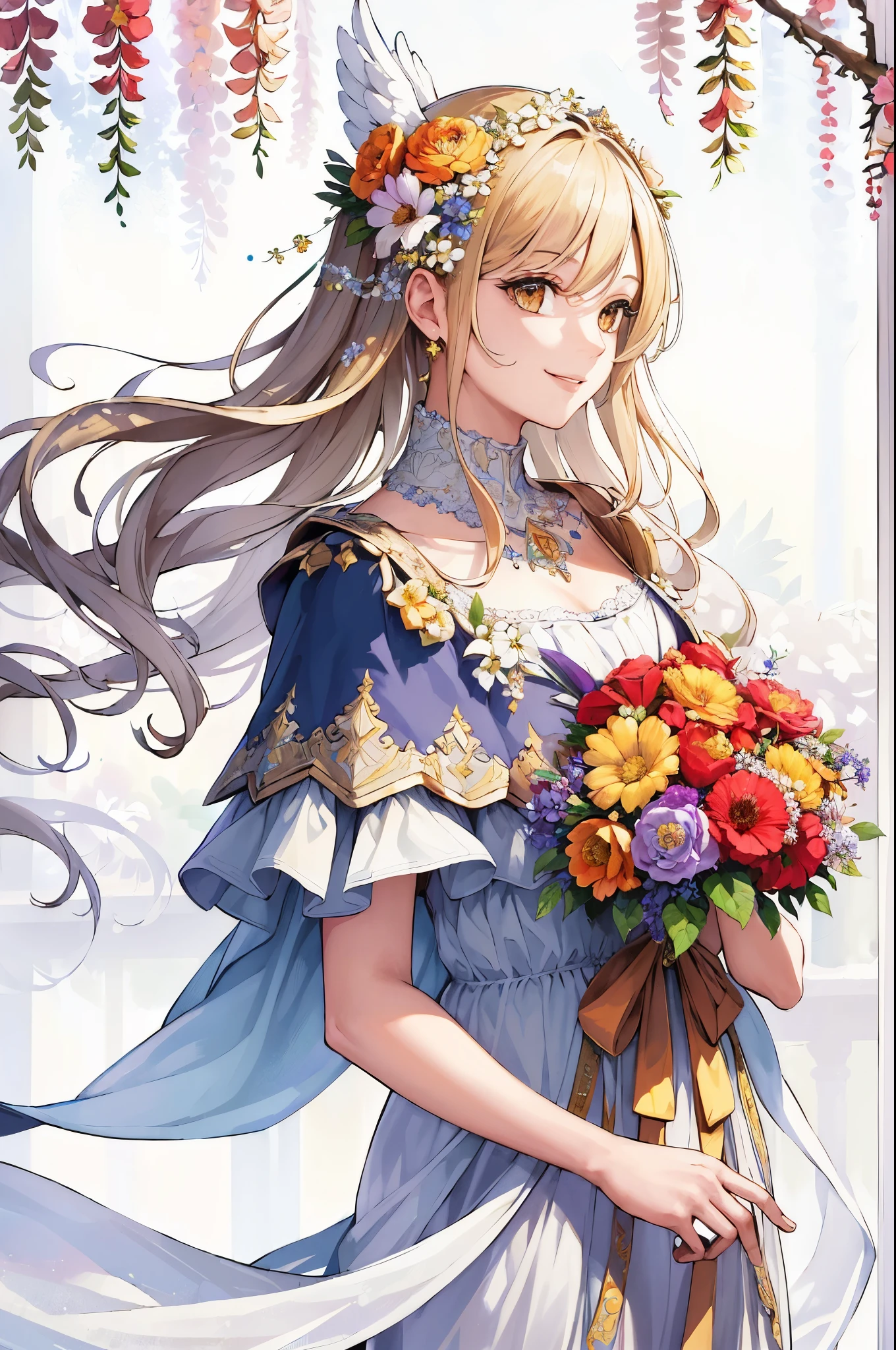 (masterpiece, top quality, high resolution: 1.4), detail, intricate details, smiling beautiful girl, angel big feathers, flower hair ornament, overhead shine, light, flower garden, gentle, misha, glitter, bouquet, 4k, color splash, line art, art, fibonacci,