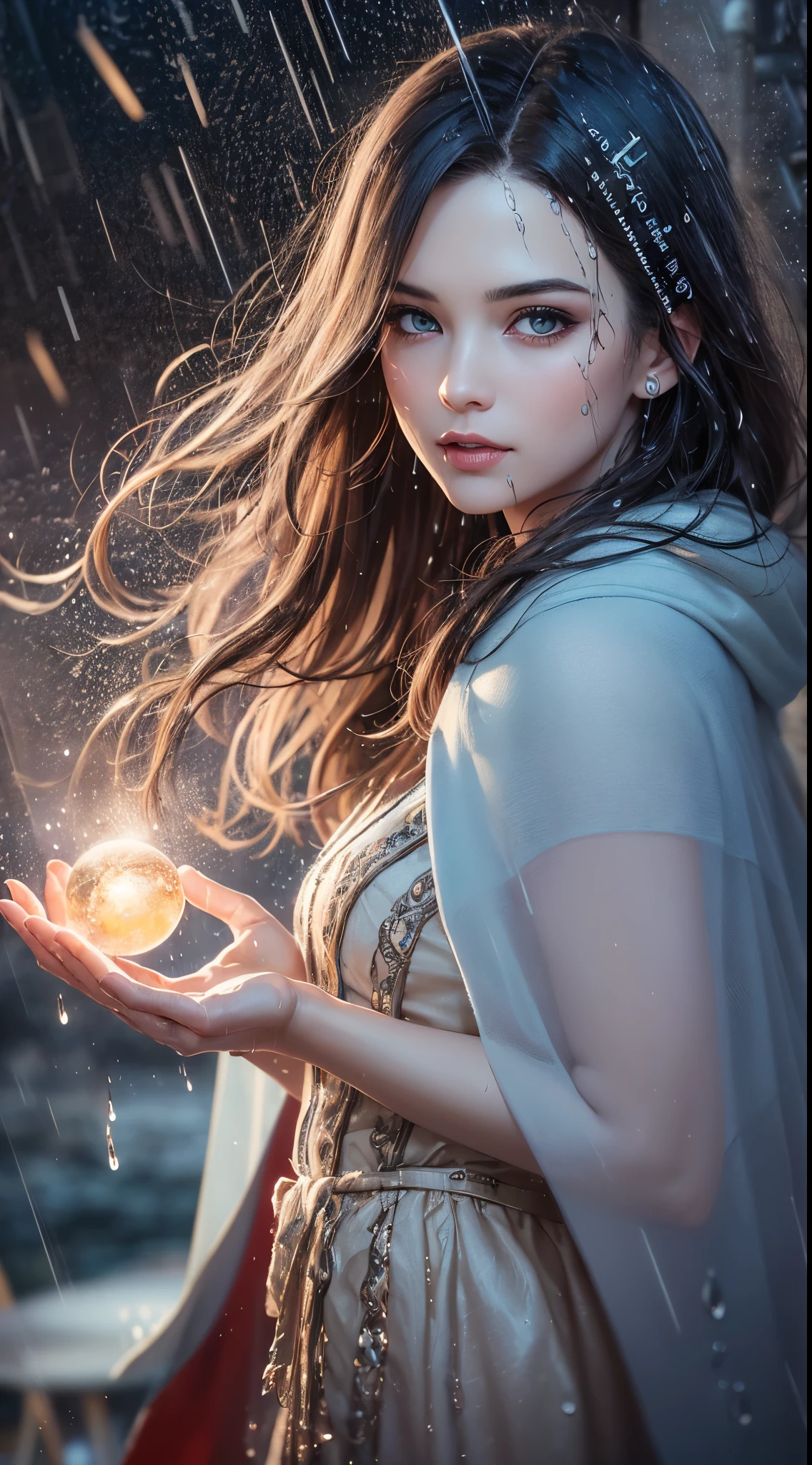 (skin dents:1.5), realistic, realistic, (table top:1.5), concept art, intricate details, very detailed, realistic, octane rendering, 8k, unreal engine, dynamic pose, highest quality, High resolution, (realistic face:1.1), (超realistic:1.1), ((full_body)), perfect eyes,(shiny skin:1.2), (((hairstyle))), (((完璧な手のvery detailed背景), haunted island, ((dynamic background)), ((lightning)), (light), (1 girl), wearing a cloak, (((flowing cloak))), ((fine eyes, high quality eyes, high quality face)), long hair, (((flowing hairstyle))), 1 girl ((Control the water)), (((whirlwind of water))), Ocean, tsunami, magic, (create a dramatic, Depth of the bounds written, Bokeh, 4k, gothic, ((rain)), energy ball between hands