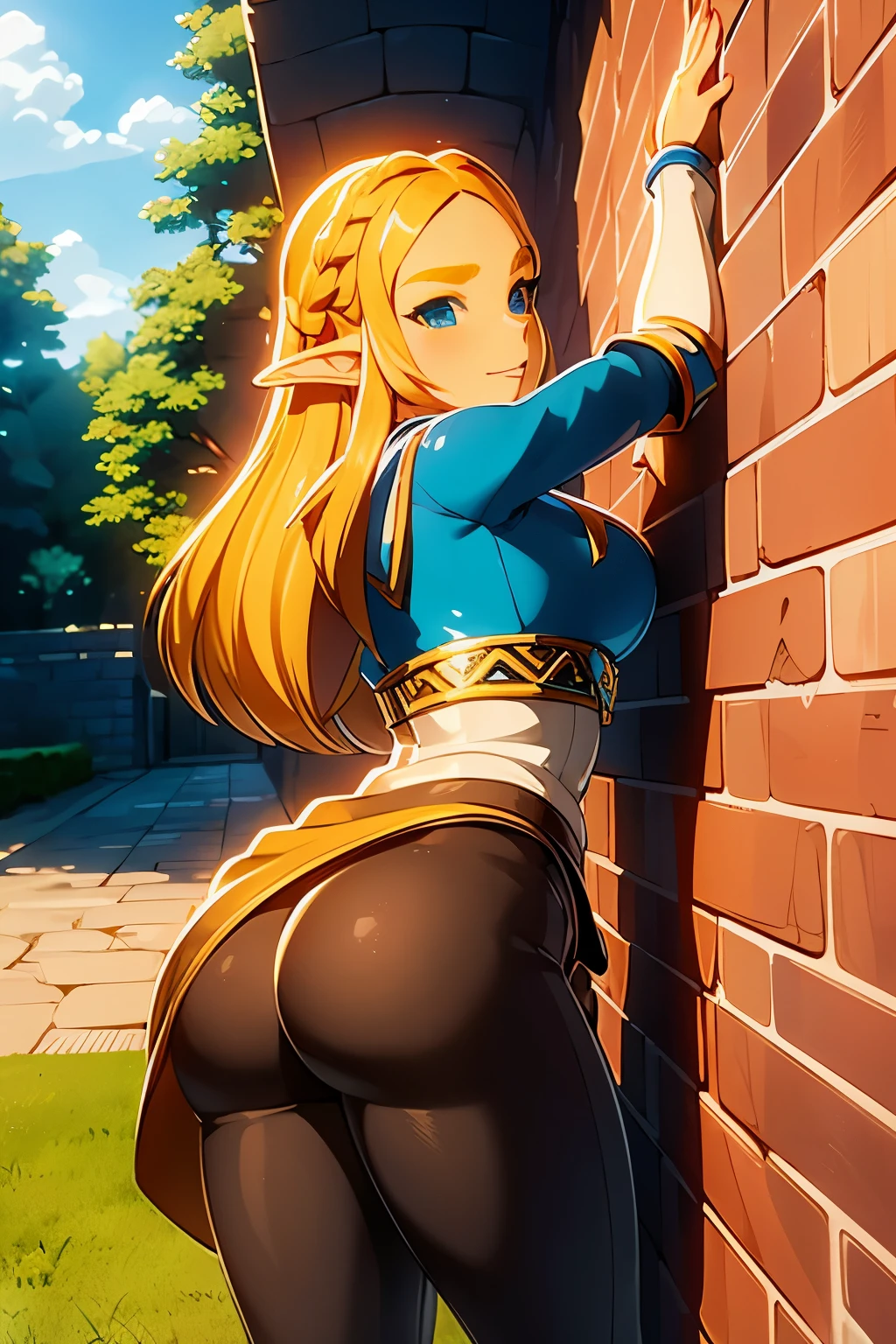 Solo, female, Princess Zelda, ((bent over, hands on the wall, brick wall)), fantasy village, plants, looking back at viewer, tight black pants, ((big butt)), ((marked pussy)) (((blonde long hair))), (seductive look), open mouth, ((blushing face)), ((seductive smile))