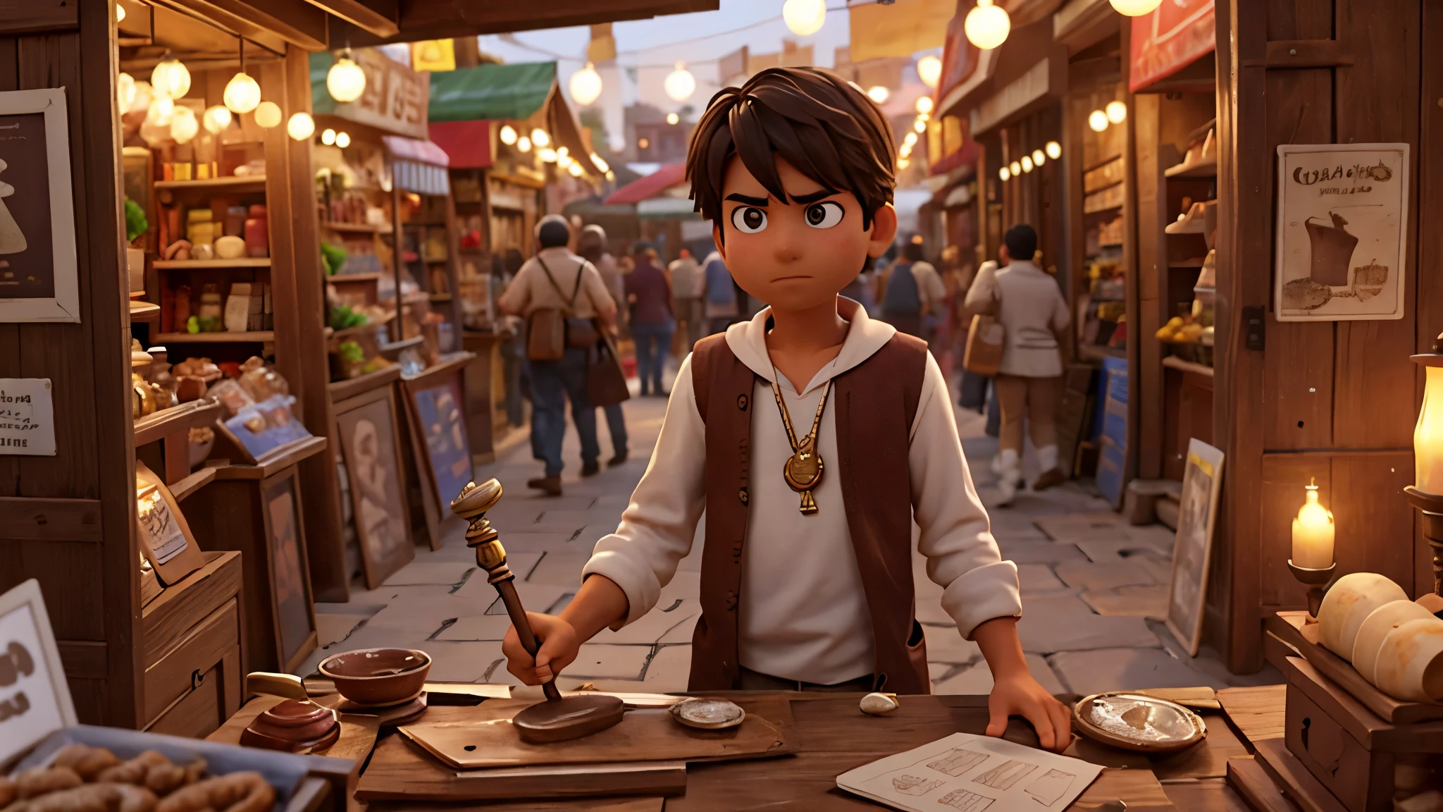 Amir wanders through the bustling marketplace, his eyes darting from stall to stall as merchants call out their wares. Amidst the chaos, something catches his eye—a dusty lamp half-buried beneath a pile of forgotten treasures. With a curious glint in his eye, Amir reaches out and picks up the lamp, brushing away the layers of grime to reveal its intricate design.