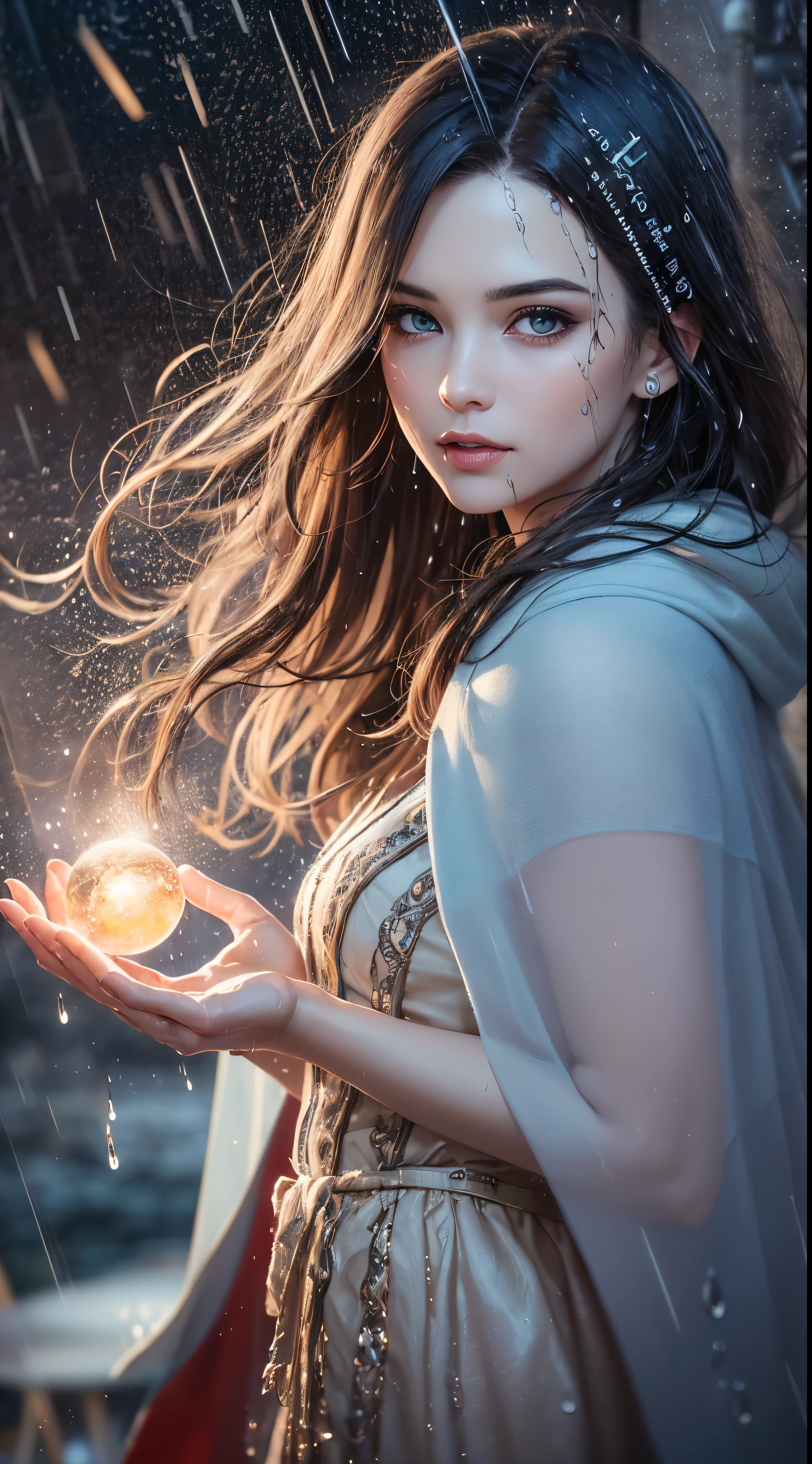 (skin dents:1.5), realistic, realistic, (table top:1.5), concept art, intricate details, very detailed, realistic, octane rendering, 8k, unreal engine, dynamic pose, highest quality, High resolution, (realistic face:1.1), (超realistic:1.1), ((full_body)), perfect eyes,(shiny skin:1.2), (((hairstyle))), (((完璧な手のvery detailed背景), haunted island, ((dynamic background)), ((lightning)), (light), (1 girl), wearing a cloak, (((flowing cloak))), ((fine eyes, high quality eyes, high quality face)), long hair, (((flowing hairstyle))), 1 girl ((controlling water)), (((whirlwind of water))), Ocean, tsunami, magic, (make a dramatic performance, written boundary depth, Bokeh, 4k, gothic, ((rain)), energy ball between hands