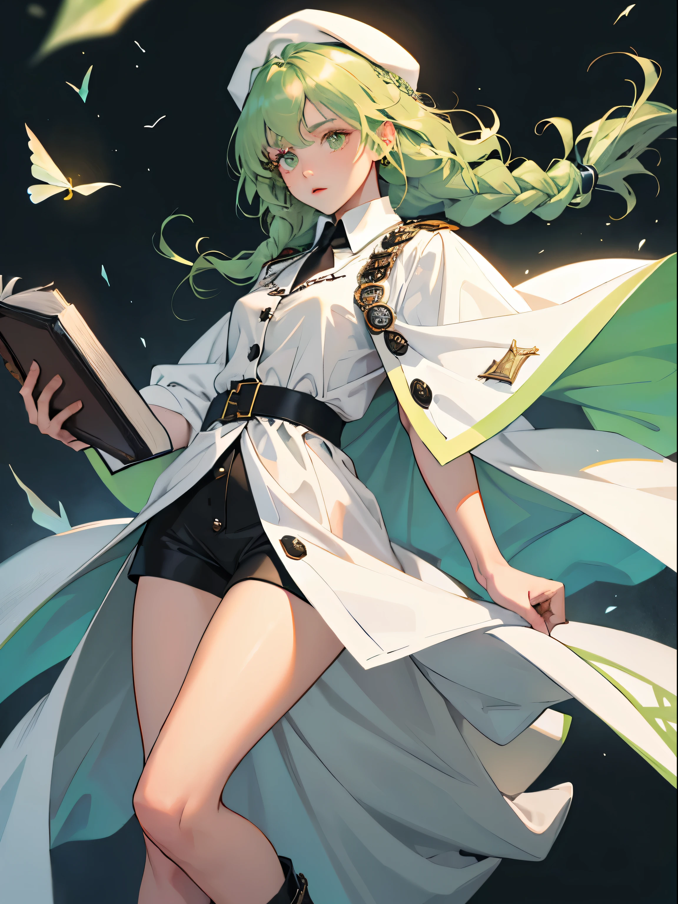 masterpiece, super detailed, 8K portrait, RAW photo, portrait photography, highly detailed face, beautiful and detailed eyes, ((fantasy)), young and beautiful, 22 years ago, (((droopy eyes))), dynamic pose, (((light green hair with medium wavy))), ((Braided twintails)), parted bangs, white skin color, luxury, (((Black Mortarboard Cap))), (((Long cloak of white silk))) fluttering in the wind, (((Many Button Shirt Dresses))), (((black shorts))), High Cut Leather Boots, ((Magic book in hand)), midday sun, surreal, body model, small breasts, beautiful breasts, long legs, inside the castle, environmental lighting, shadow details , Focus the camera on the thigh, strong wind, light fog