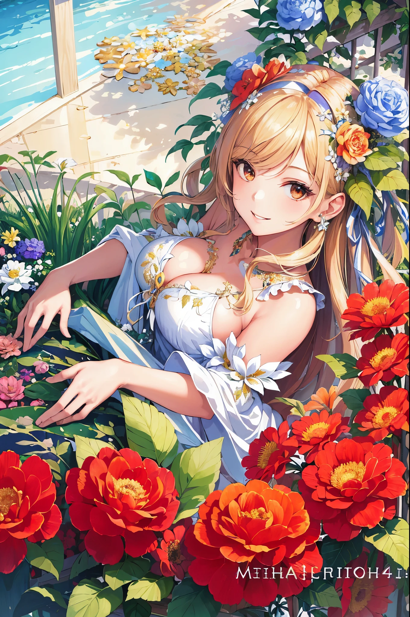 (masterpiece, top quality, high resolution: 1.4), detail, intricate details, smiling beautiful girl, angel big feathers, flower hair ornament, overhead shine, light, flower garden, gentle, misha, glitter, bouquet, 4k, color splash, line art, art, fibonacci,