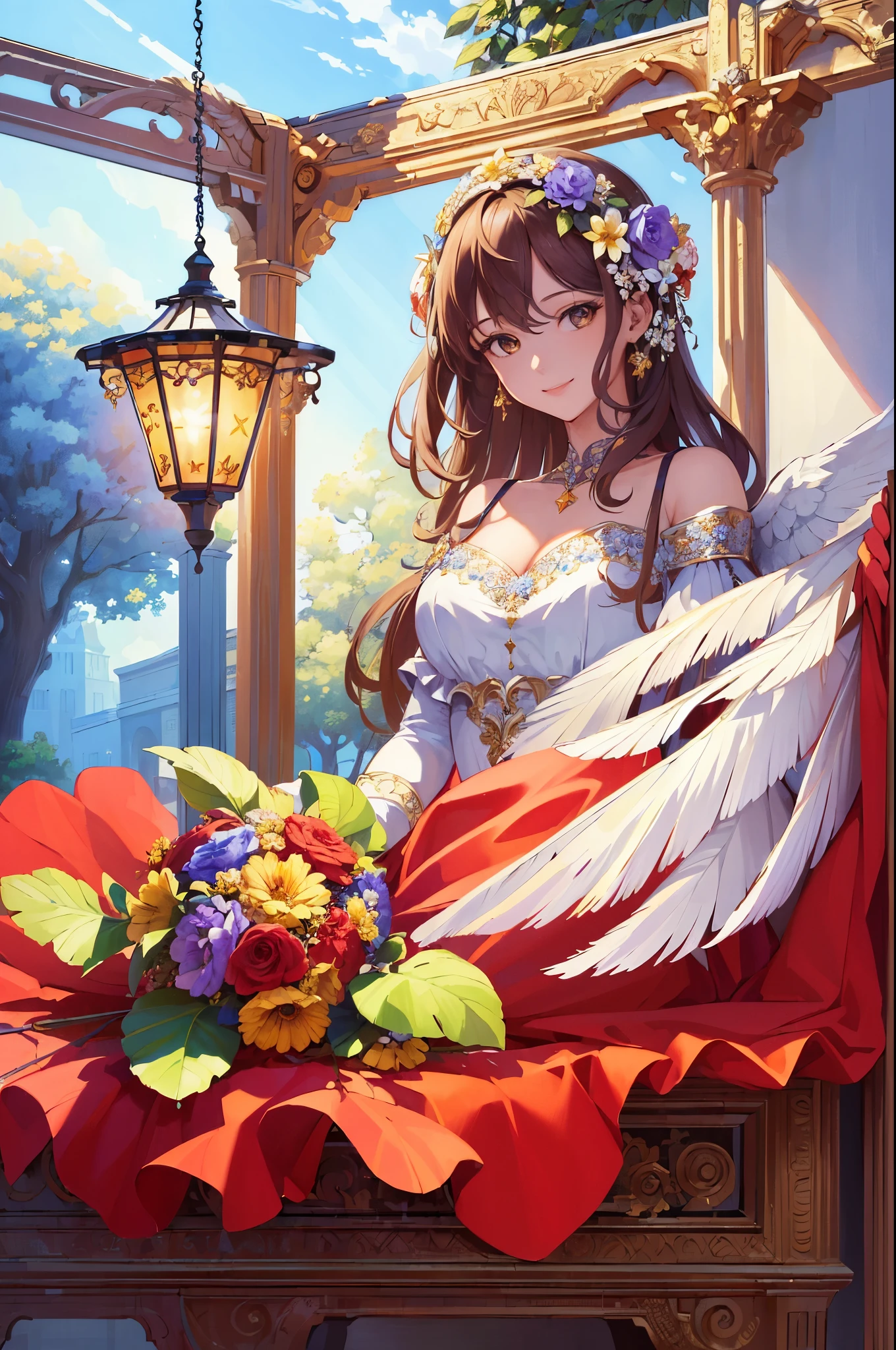 (masterpiece, top quality, high resolution: 1.4), detail, intricate details, smiling beautiful girl, angel big feathers, flower hair ornament, overhead shine, light, flower garden, gentle, misha, glitter, bouquet, 4k, color splash, line art, art, fibonacci,