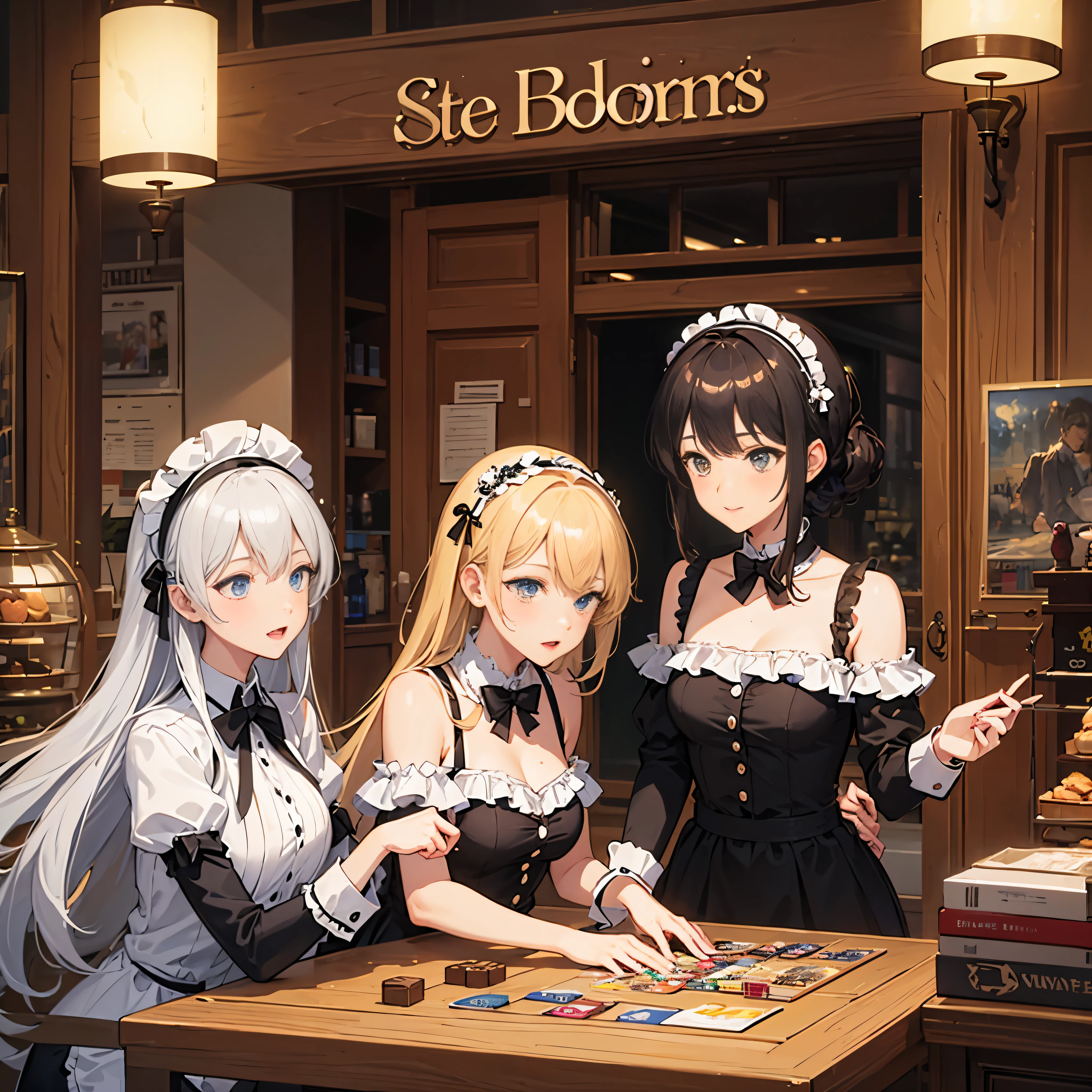 three or four maids, One of them is holding a gray cat, Mature and charming boss in the middle, Board game store entrance, Sexy, Upper body, cover, UHD, masterpiece, Ultra-detailed, high quality, best quality, high resolution, HD, 4k