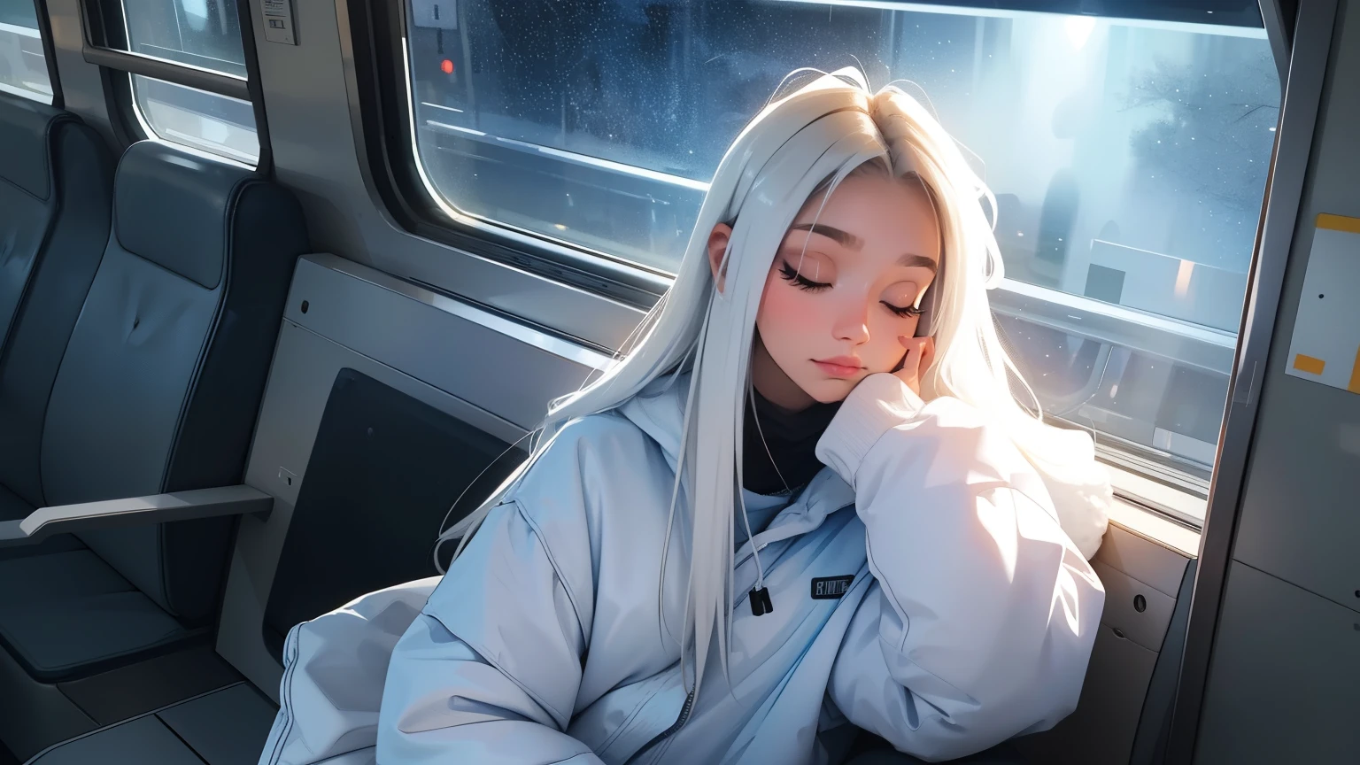 train, sit by the window, Close your eyes and sleep, head stuck in glass, Scenery passing by at high speed, night trip, beautiful starry sky, Beautiful girl, UHD Portraits, (high quality) (ultra detail) Looking at viewers wearing hip-hop style streetwear; different, colorful, very white, dyed long hair ๐