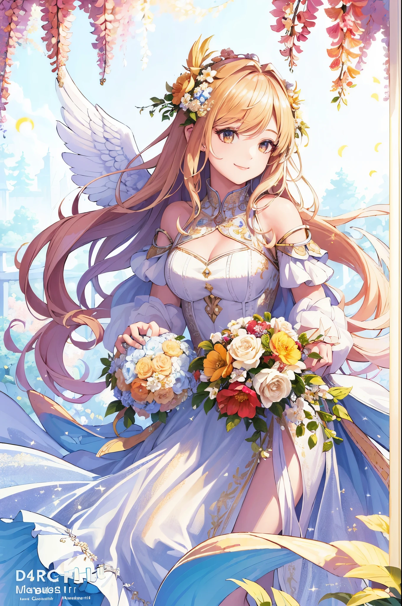 (masterpiece, top quality, high resolution: 1.4), detail, intricate details, smiling beautiful girl, angel big feathers, flower hair ornament, overhead shine, light, flower garden, gentle, misha, glitter, bouquet, 4k, color splash, line art, art, fibonacci,