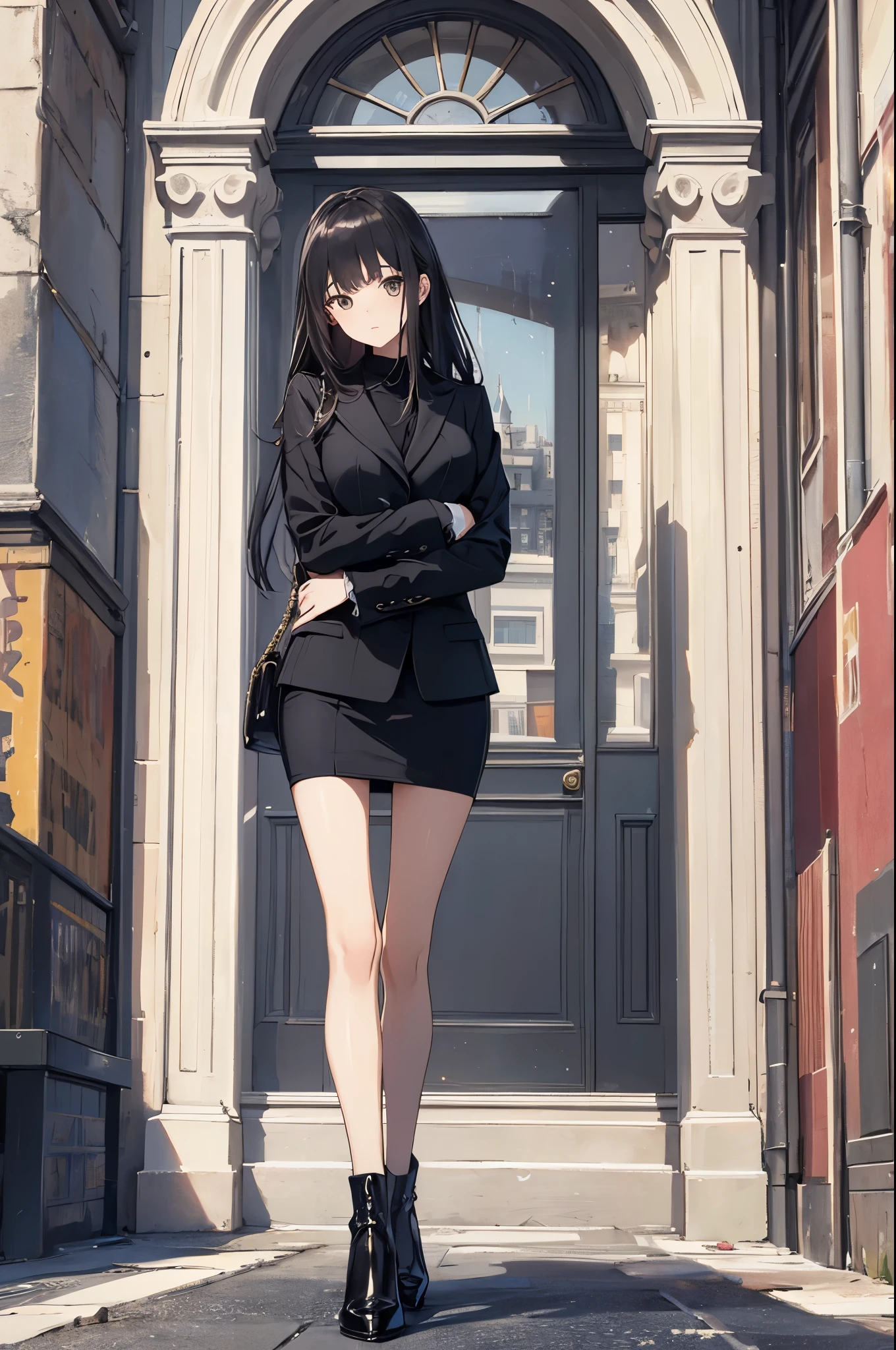 Top quality,Masterpiece,Super high quality,(Actual size:1.4),Original photo,Super high quality,8k,Girl,Chanel style dress,suit,fashion,winter,confident and beautiful,calm temperament,full body,street,long legs