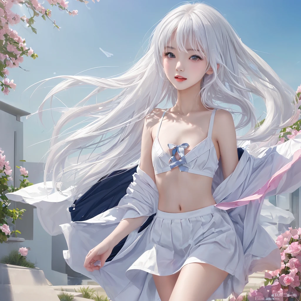 ((((flat chest)))),((1 girl)),((solo)),((highest quality)), (masterpiece),((High resolution)),beautiful girl,model,Japanese,white hair,perfect body,jump towards the sky,colorful