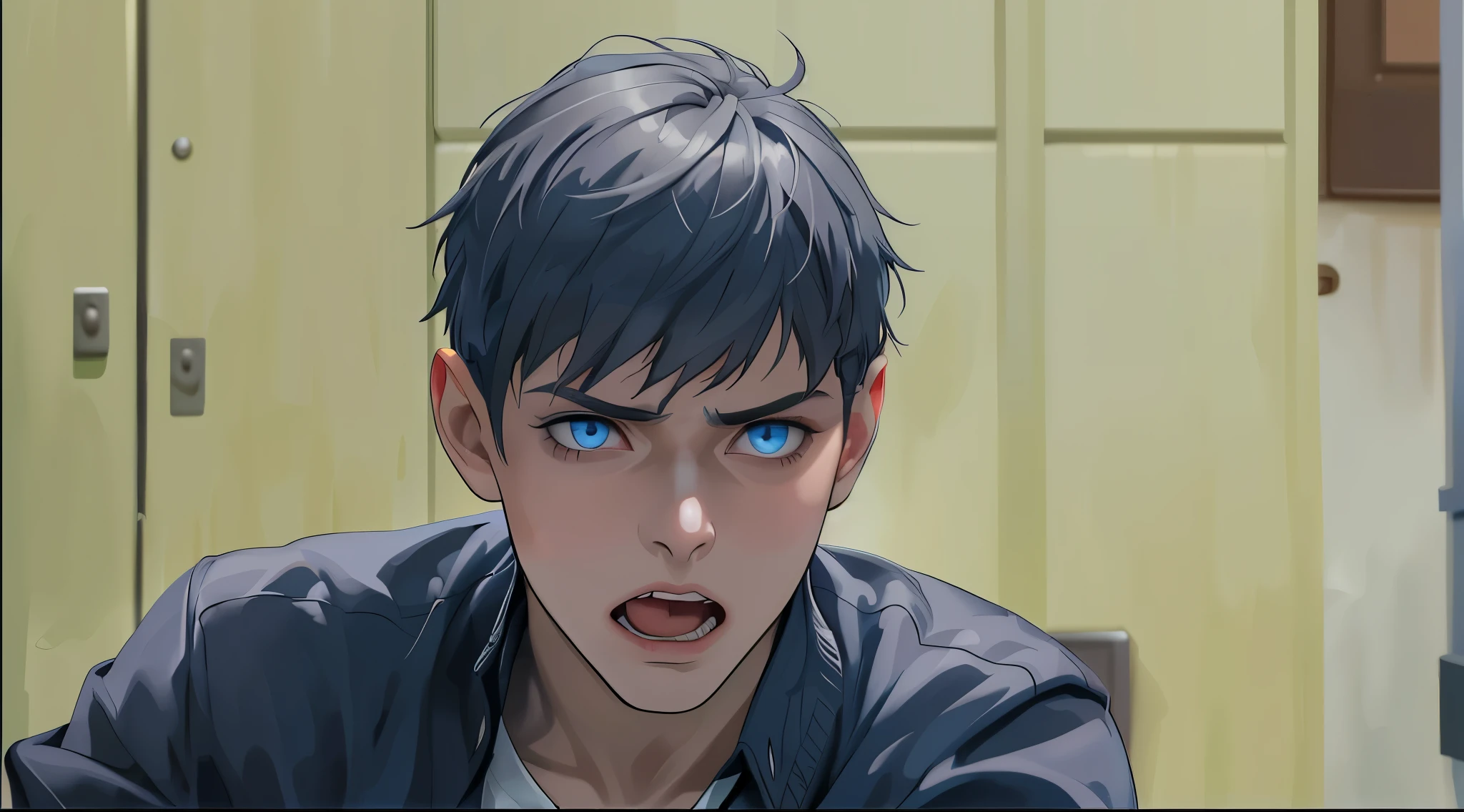 maxima calidadel joven de cabello plateado y ojos azules esta hablando tranquilamente mientras esta mirando a alguien