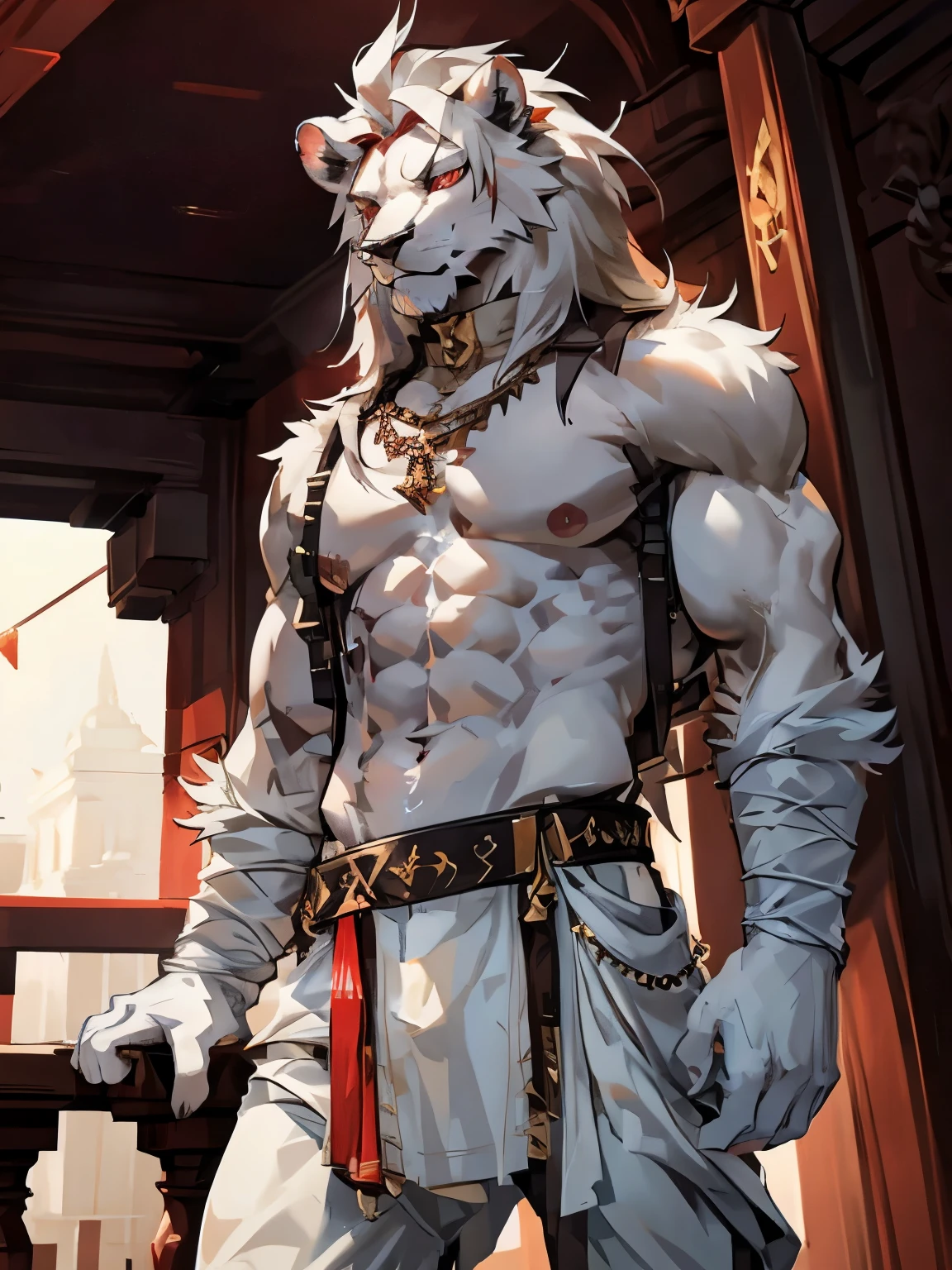 male, furry, Lion anthro, solo, white fur, red eyes, (Realistic eye details 1.2), mafiawear, bare bottom, abs, Masterpiece, dramatic lighting, soft lighting, day, highly detail, Hair coiled