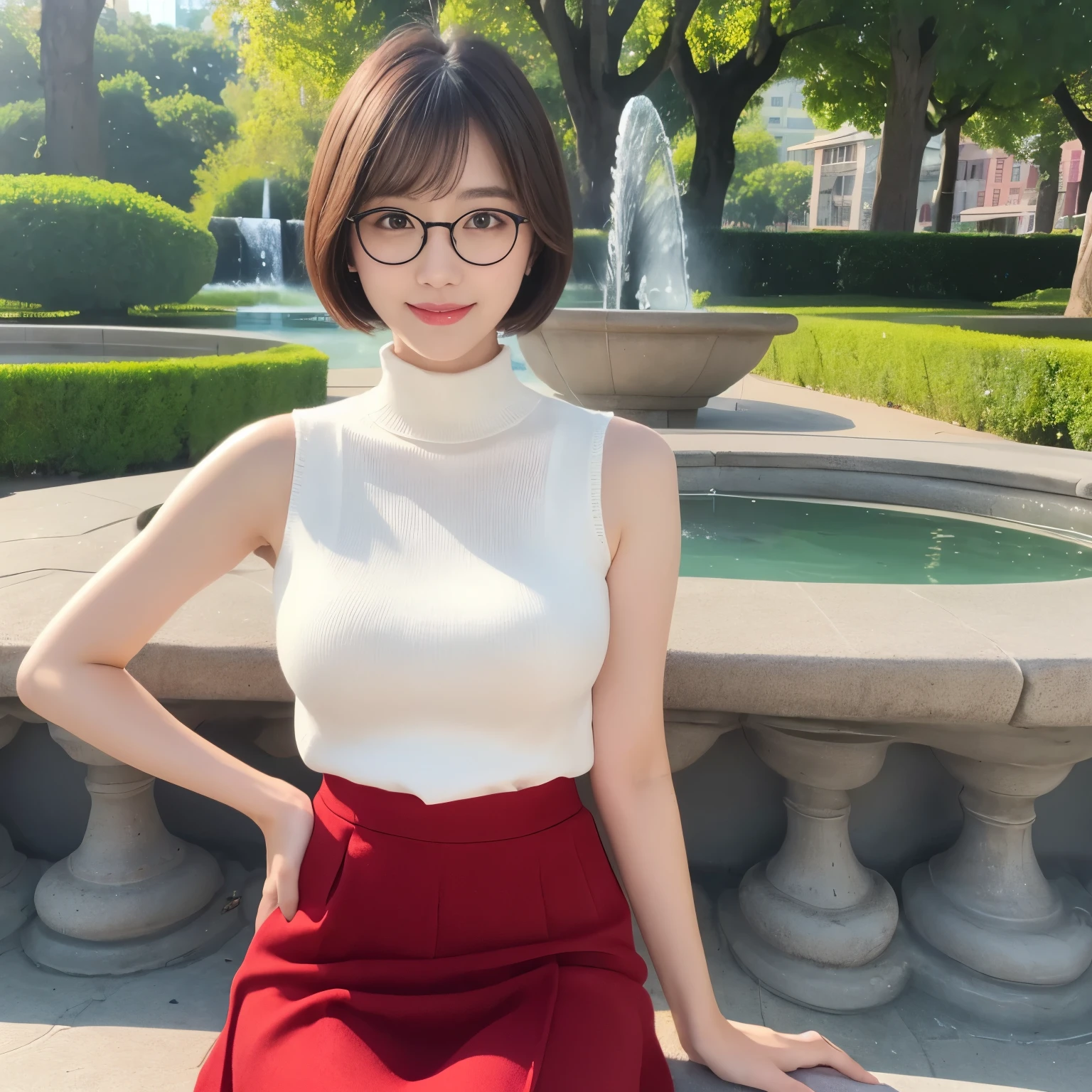 (highest quality、table top、8k、best image quality、Award-winning work)、one beautiful woman、25 years old、(alone:1.1)、perfect beautiful composition、(big and full breasts:1.1)、(Very tight knit with perfect fit:1.1)、(emphasize body line:1.1)、( Berry short cut hair:1.1)、(Perfect white turtleneck sleeveless knit sweater:1.2)、(Classy and perfect round glasses:1.2)、(Elegant red melton skirt:1.2)、(full body photo:1.1)、look at me and smile、(Strongly blurred accurate city park background:1.1)、stand gracefully、droopy eyes、natural makeup、Ultra high definition beauty face、ultra high definition hair、Super high-definition sparkling eyes、Super high resolution glossy lips、accurate anatomy、(very bright and vivid:1.4)