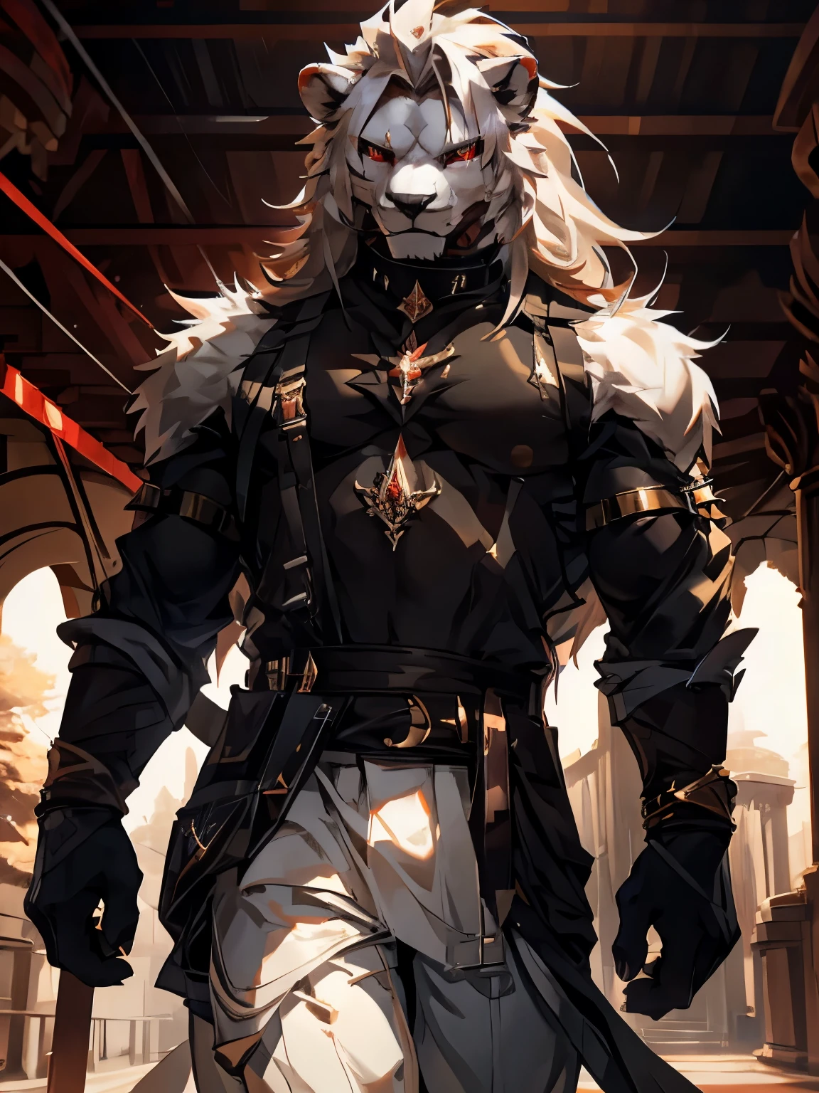 male, furry, Lion anthro, solo, white fur, red eyes, (Realistic eye details 1.2), mafiawear, abs, Masterpiece, dramatic lighting, soft lighting, day, highly detail, Hair coiled, detail fur, perfect body,