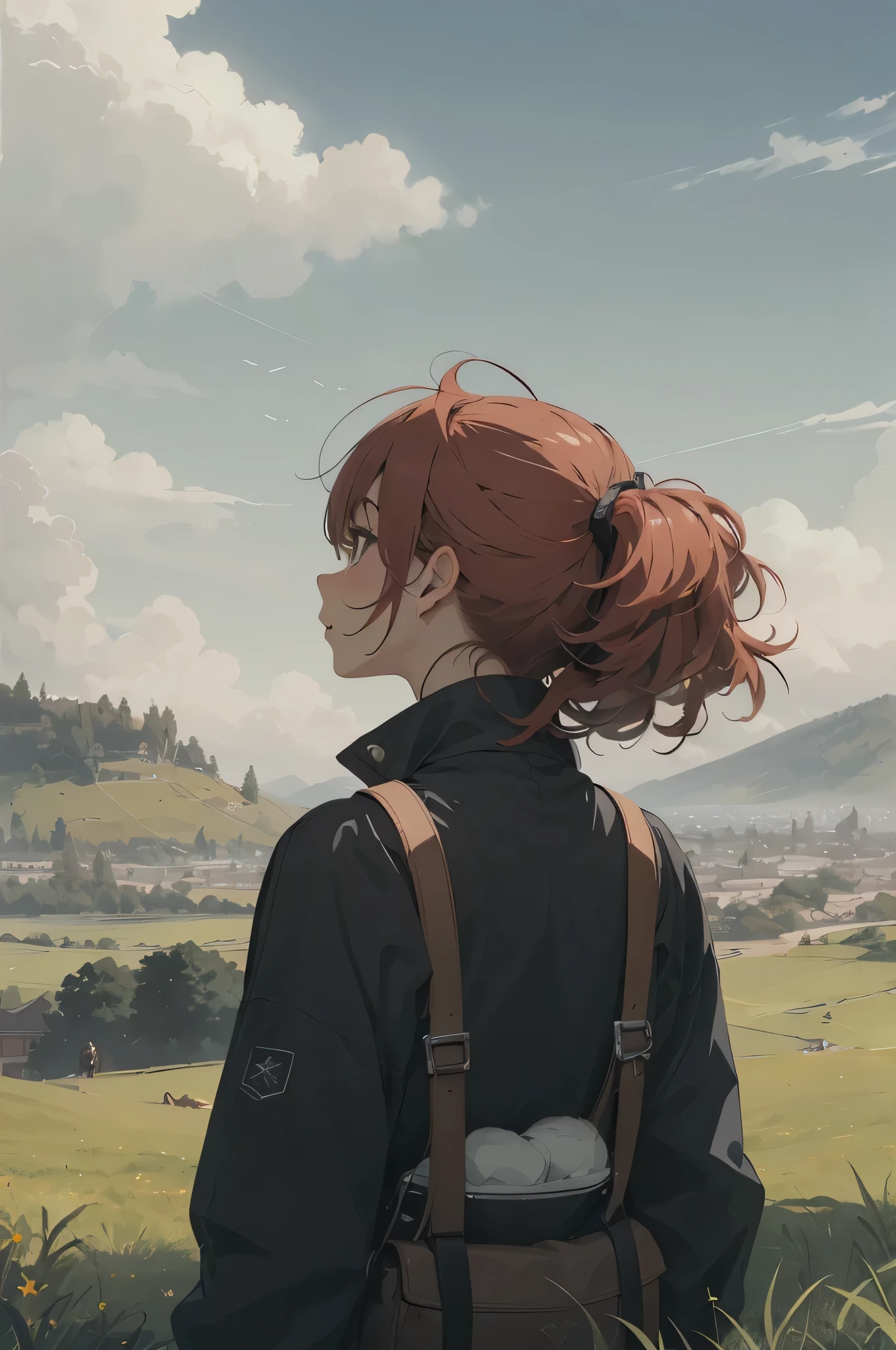 ((highest quality)), ((masterpiece)), (get used to it), Rear view,red hair woman,top of the hill,look up at the sky,fantasy,Woman in the Distance,Two dimensions,anime,Not very realistic,Brilliant,Light of the sun,The whole body is reflected