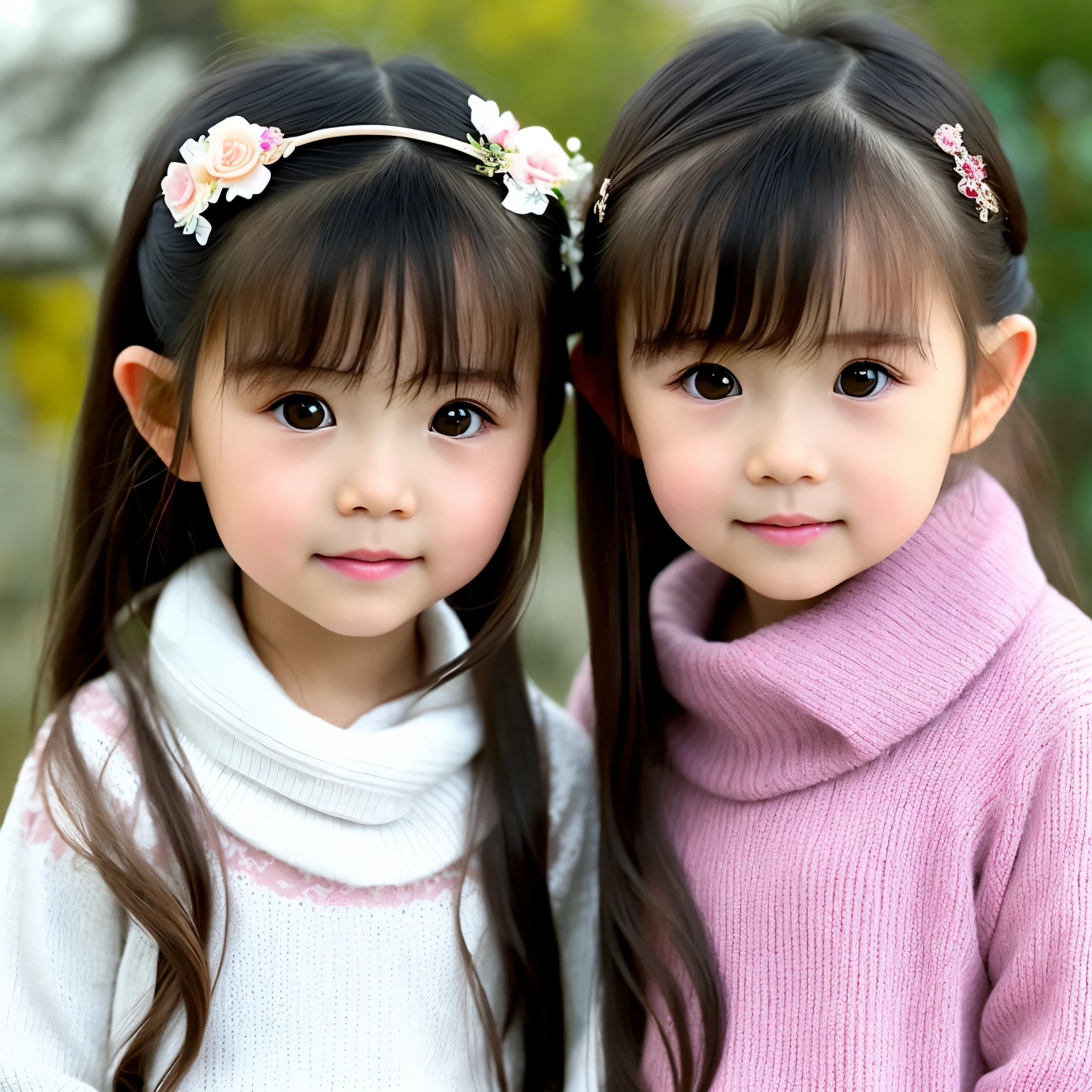 brunette girl,long hair,Wearing a white sweater, Wearing a cute scarf, sick with a cold, cold, , a cold, cute bangs, 2 girls,twins,5 year old Chinese child,Highly detailed facial and skin textures,delicate eyes,double eyelids,Hanfu,full-body shot,Pink Hanfu,Beautiful long black curly hair