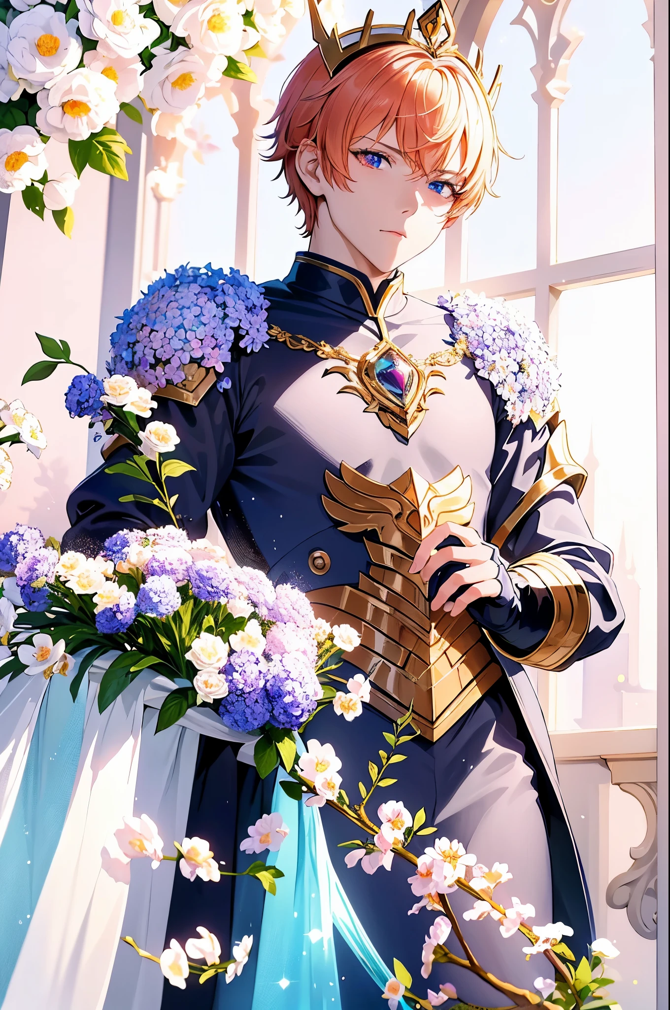 (absurdres, highres, ultra detailed, HDR), masterpiece, best quality, "magic knight rayearth" Character handsome boy in dark outfit short hair wearing detailed headgear , short hair, overhead shine, light, flower garden, gentle, misha, glitter, bouquet, 4k, color splash, line art, art, fibonacci,