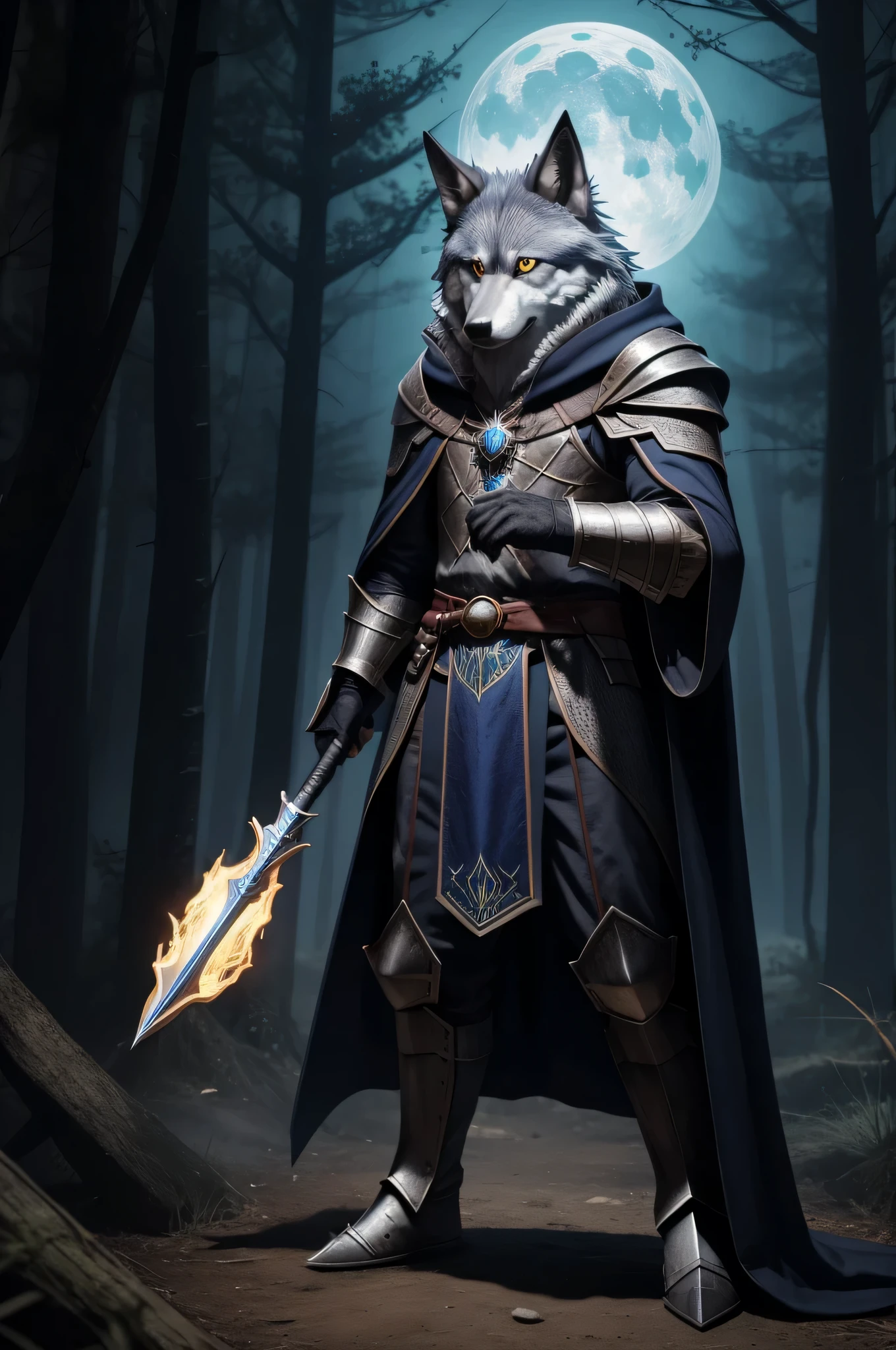 a wizard wolf, standing, wearing an armor cloth, wizard eyes, holding a spare, dark