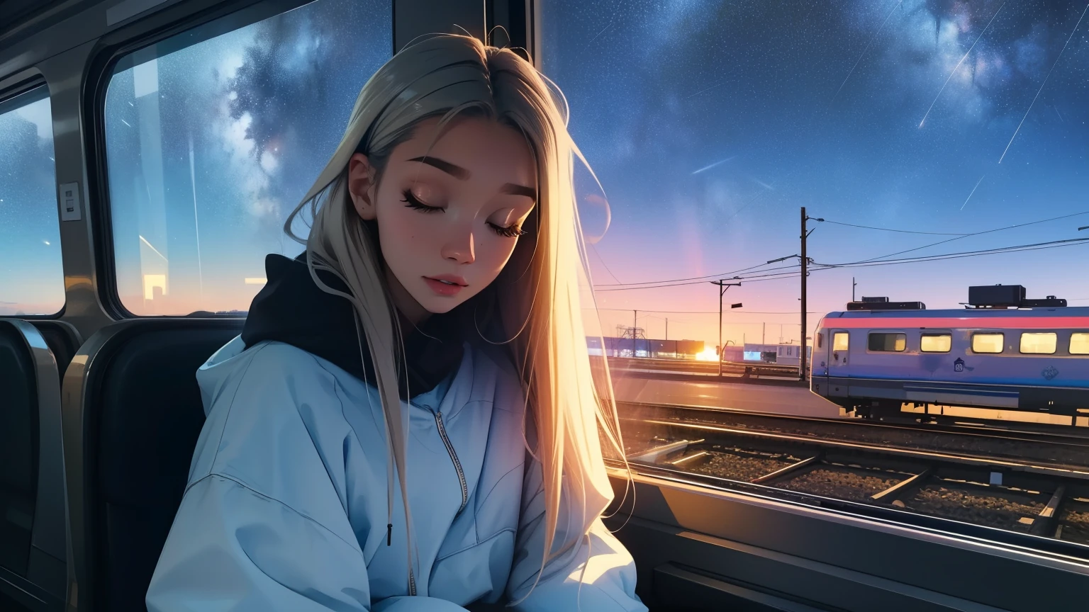 train, sit by the window, Close your eyes and sleep, head stuck in glass, Scenery passing by at high speed, night trip, beautiful starry sky, Beautiful girl, UHD Portraits, (high quality) (ultra detail) Looking at viewers wearing hip-hop style streetwear; different, colorful, very white, dyed long hair 🌈