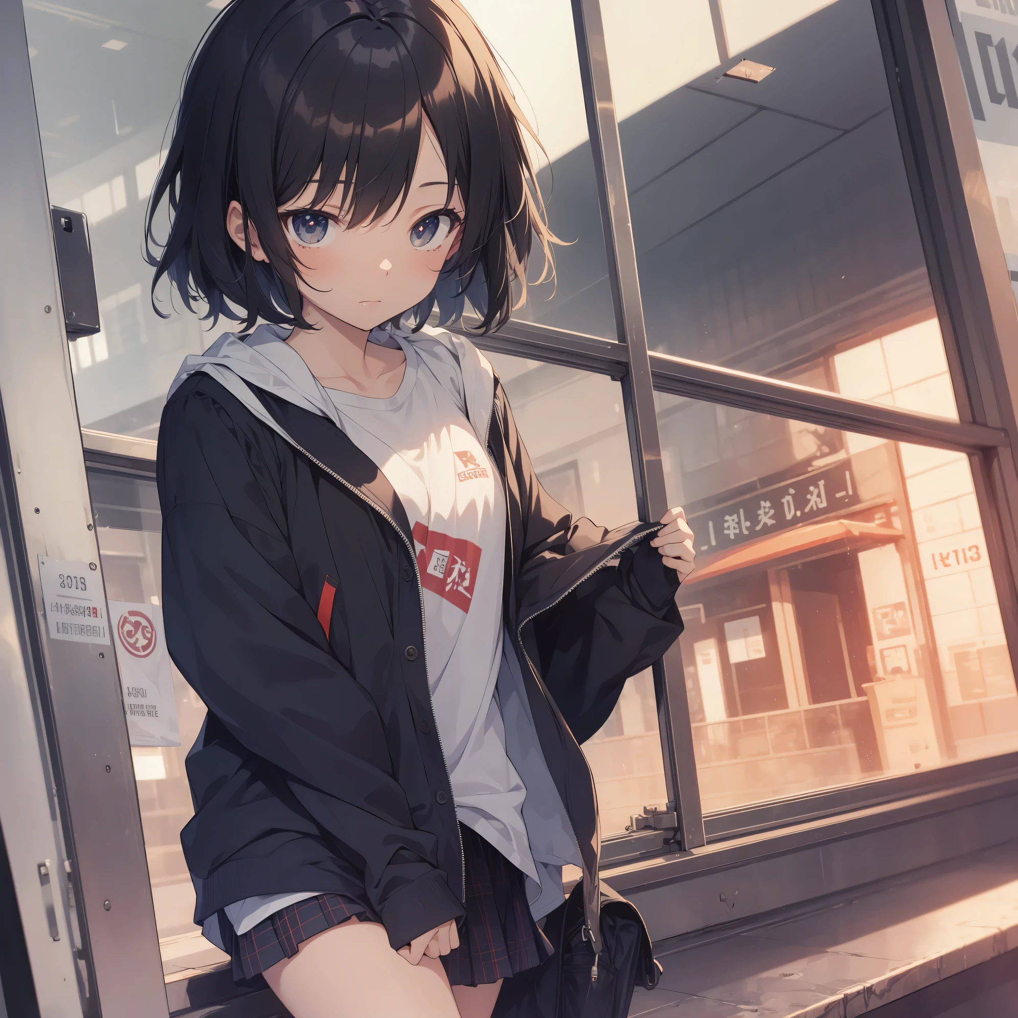 Ultra-highest quality by the art god, super detailed, High resolution, anime moe art style, Best Anime 8K Kona-chan Wallpaper, pixiv contest winner, perfect anatomy, break,(眠そうにalone学校へ行く女の子を描いてください. )break,1 girl, (alone,little woman, , :1.3),All limbs, full finger,, The charm of an immature body, (very short hair), bangs, bow, flat chest, Small Bodysuits, small ass, between legs, small black eyes, detailed and beautiful eyes, Well-proportioned iris and pupils, expressive eyes, High resolutionの詳細な髪, ribbon, neck ribbon, skirt, collared shirt, pleated skirt, school uniform, school bag,(detailed lighting), (detailed background), On the way to school. break,super dense skin, Best lighting by famous artists, 8k, cute illustration,Hmm, rough skin