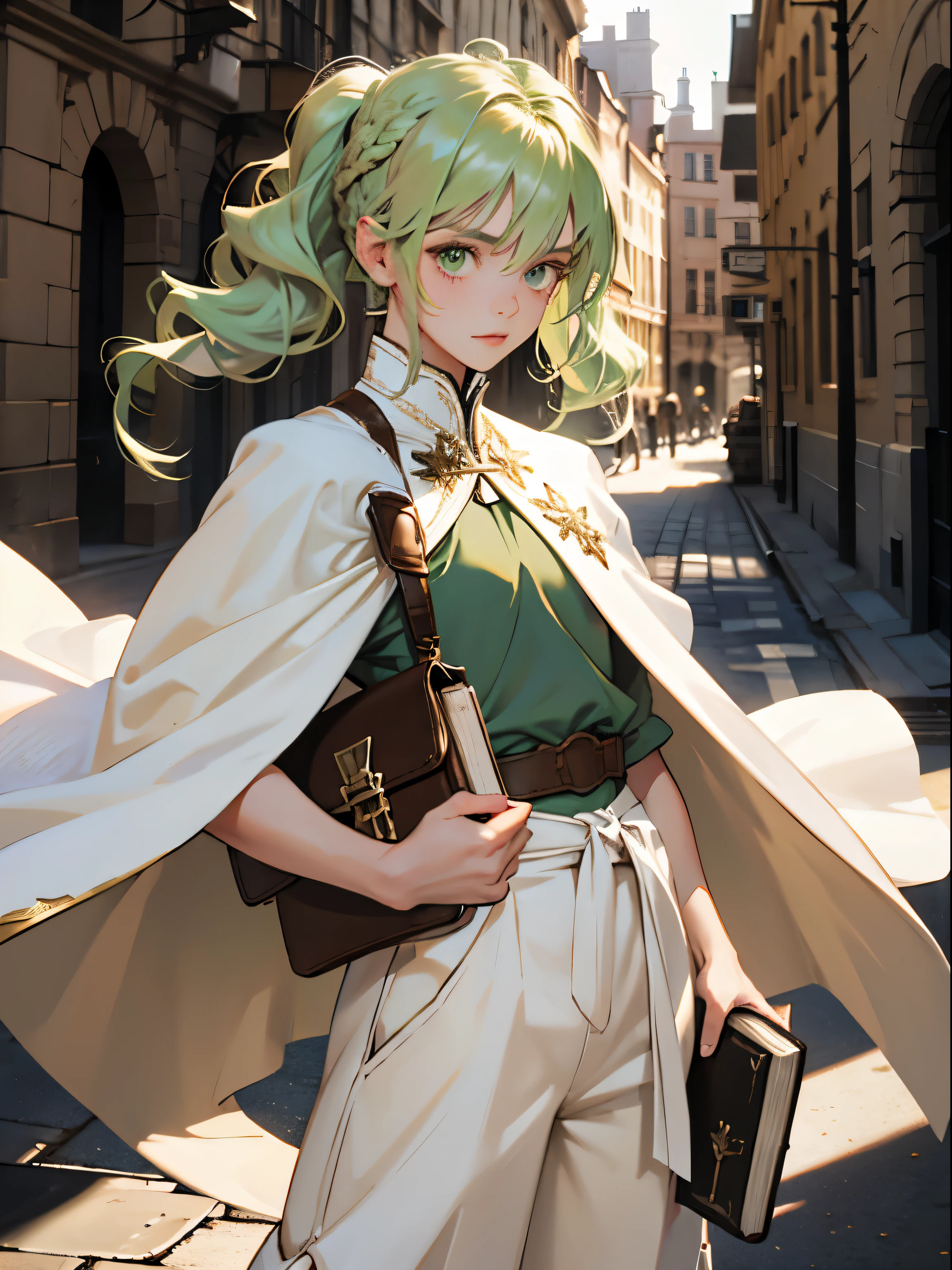 masterpiece, super detailed, 8K portrait, RAW photo, portrait photography, highly detailed face, beautiful and detailed eyes, ((fantasy)), young and beautiful, 15 years old, (((droopy eyes))), dynamic pose, (((short wavy light green hair))), ((Braided twintails)), parted bangs, white skin color, luxury, (((White tunic))), ((((Brown wide pants)))), (((brown cloak))), (((little waist hip pouch))), High Cut Leather Boots, ((Magic book in hand)), midday sun, surreal, slender body, flat chest, long legs, on the medieval road, environmental lighting, shadow details , focus the camera on the face, strong wind, light fog