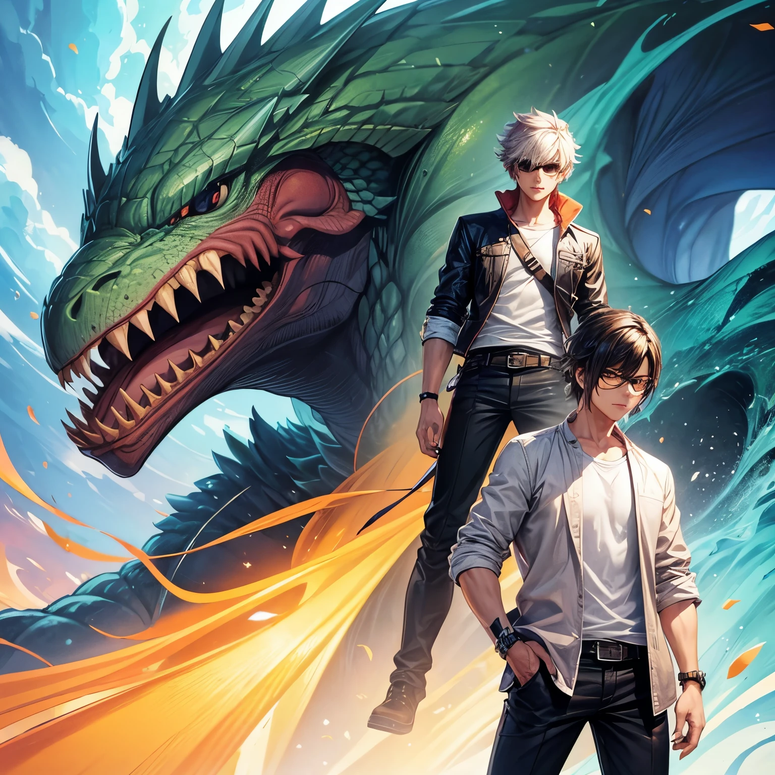 Young man with oriental face in leather hat, dragon, formal suit, short black hair, silver glasses, digital painting, 3D character design by Mark Clairedon and Pixar and Hayao Miyazaki and Akira Toriyama, the illustration is a high-definition illustration in 4K resolution with very detailed facial features and cartoon-style visuals.