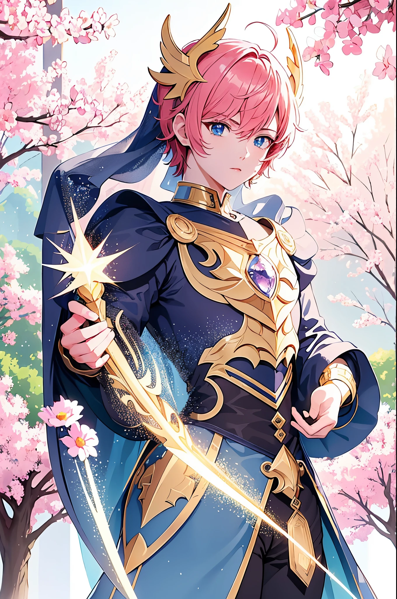 (absurdres, highres, ultra detailed, HDR), masterpiece, best quality, "magic knight rayearth" Character handsome boy in dark outfit short hair wearing detailed headgear , short hair, overhead shine, light, flower garden, gentle, misha, glitter, 4k, color splash, line art, art, fibonacci,