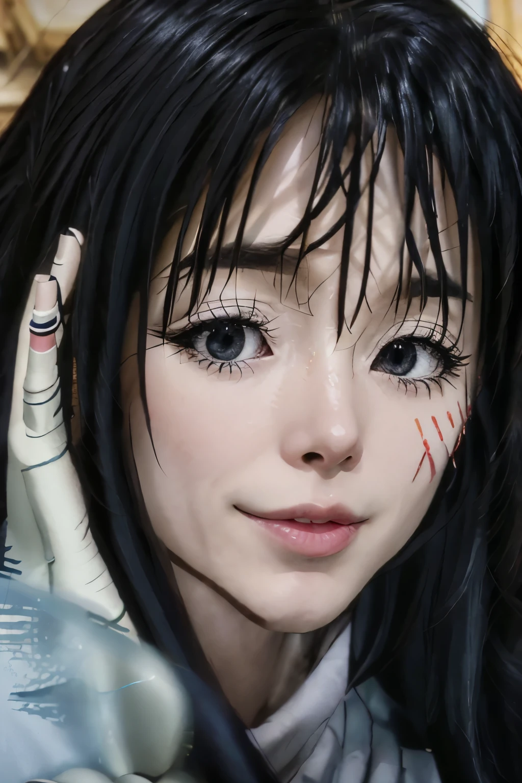 Shizue, Shizue Attire, white shirt, white cape, black pants, long hair, black hair, dark blue eyes, white gloves,Shizue Attire,photorealistic,detailed, blurred background, detailed face, detailed eyes, detailed hair , perfcet loking , beautiful, absolute hyper real, hyperrealism, mix of fantasy and realism, best art, cowboy shot, best poses, best details, a girl, raw image, close up shot, 4k, shot on cinematic camera , cinematic.