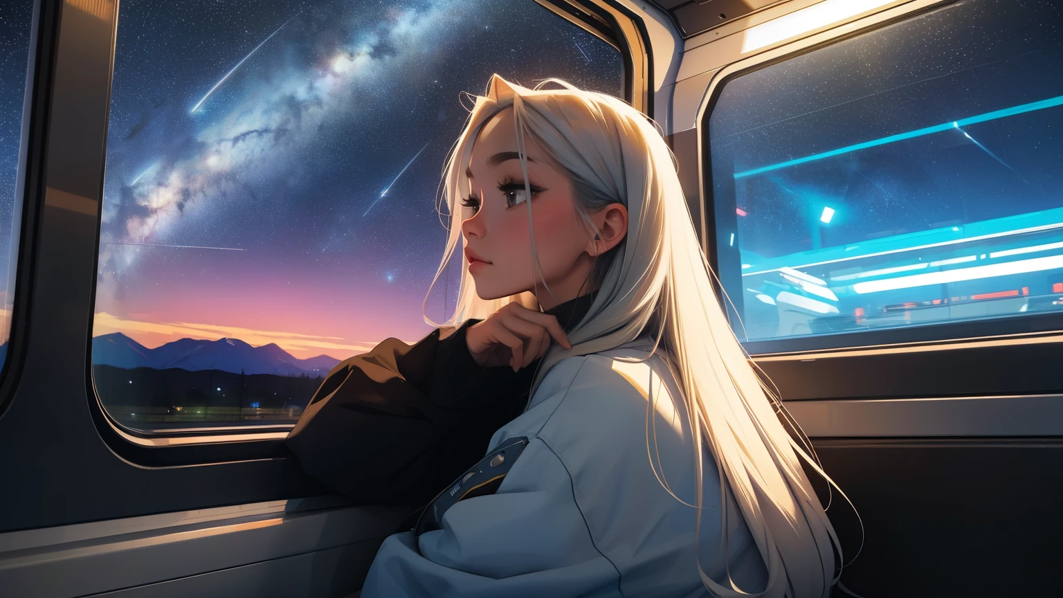 train, sit by the window, take a pensive posture, look at the stars, head stuck in glass, Scenery passing by at high speed, night trip, beautiful starry sky, Beautiful girl, UHD Portraits, (high quality) (ultra detail) Looking at viewers wearing hip-hop style streetwear; different, colorful, very white, dyed long hair 🌈