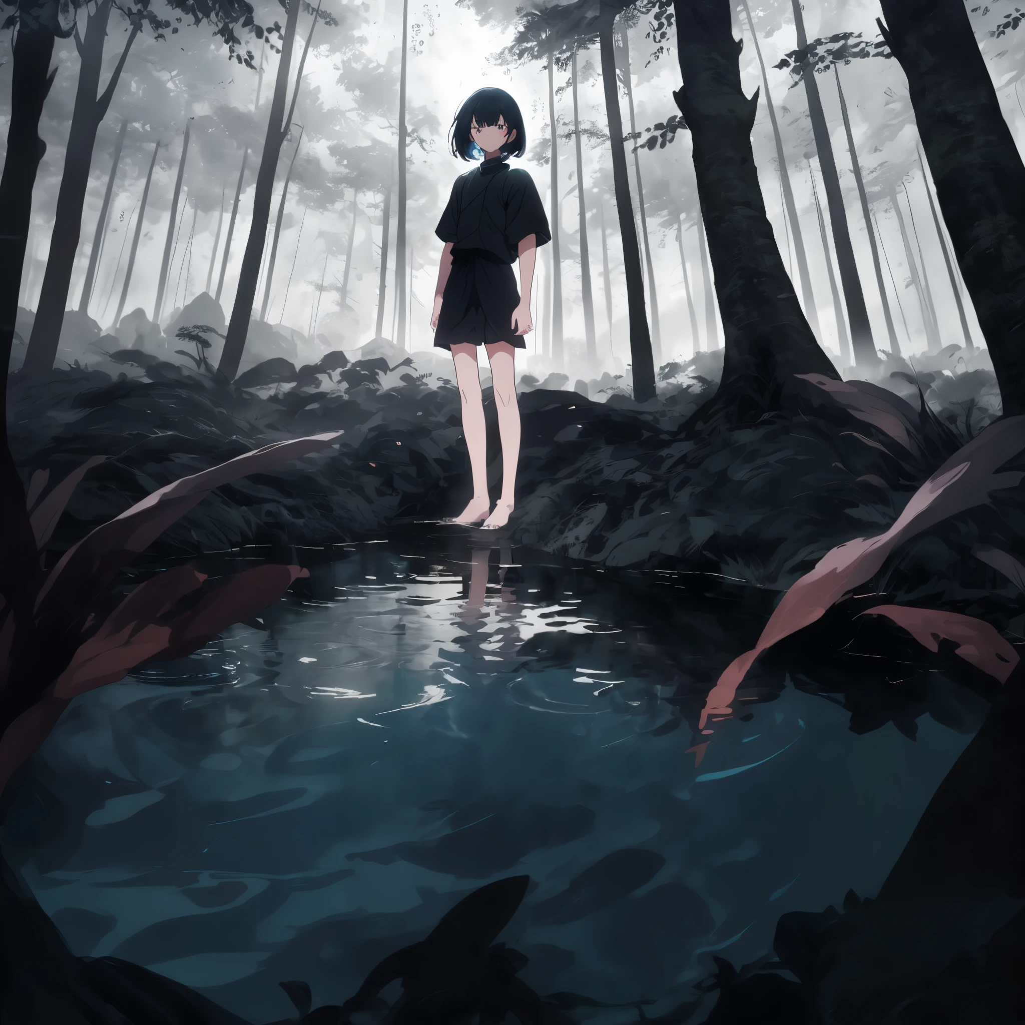 anime girl standing in a forest with a stream of water, anime lush john 8k woods, anime girl walking on water, standing on a forest, standing in a pond, artwork in the style of guweiz, standing in a forest, digital anime illustration, standing in the forest, in a dense forest, lost in a forest, woman in a dark forest