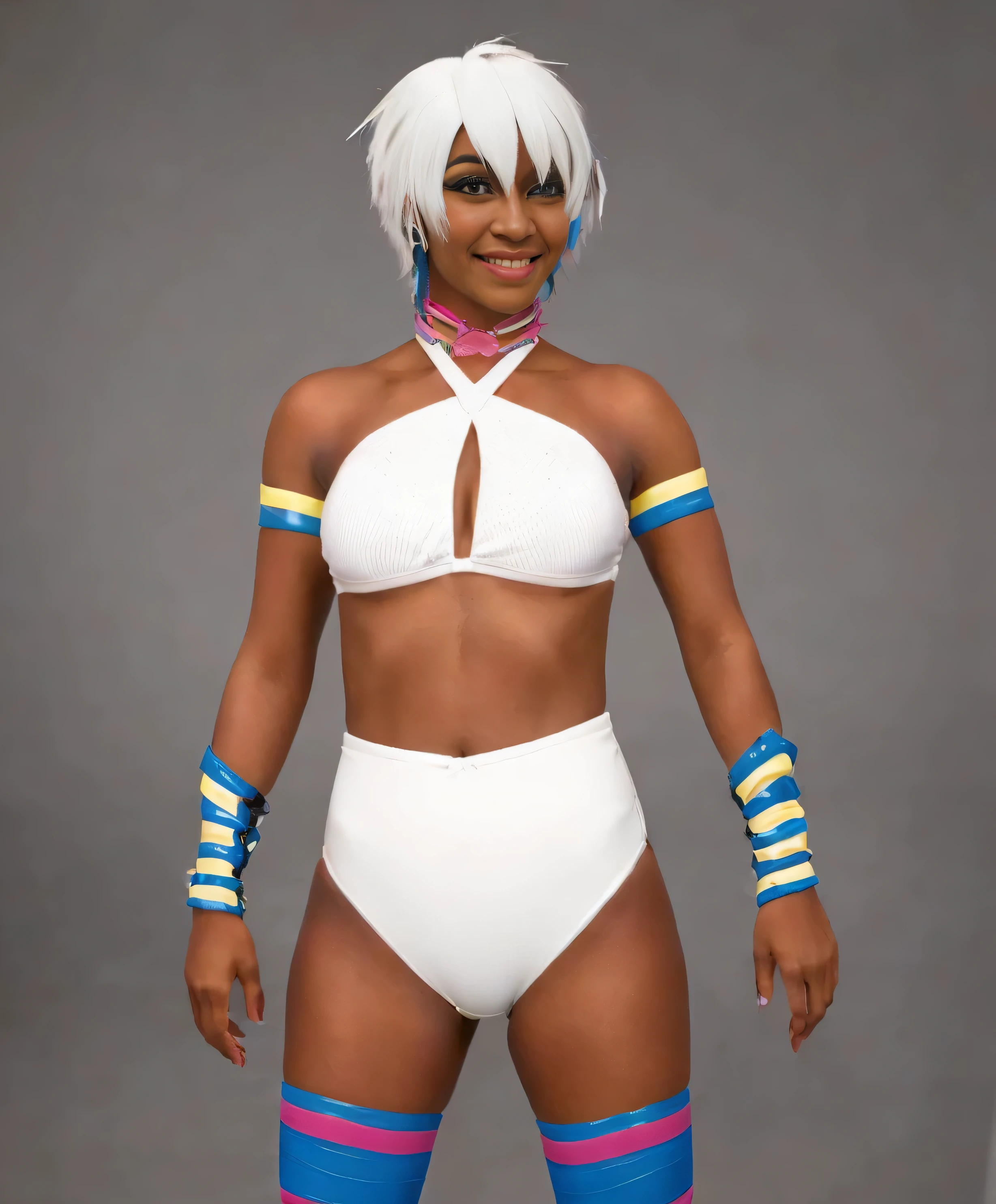 ((masterpiece, best quality)), ((23 year old)) (((Curvy))) ((Tall black woman with spiky white hair)), in (white halter bra)), pink blue and yellow vinyl neck-rings , blue and yellow vinyl armbands, ((white bikini briefs)), (pink and blue vinyl leg-rings), ((Smiling)), ((((photo realistic))))